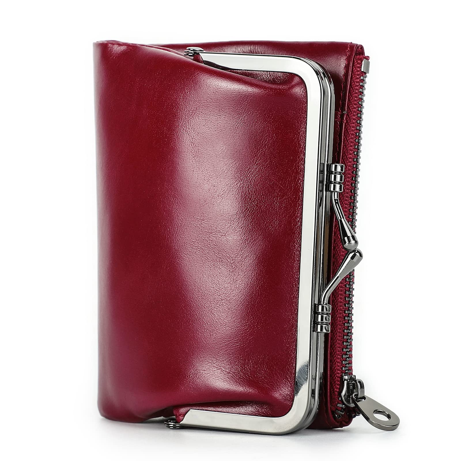 Contacts Portefeuille RFID pour Femme avec Serrure à Baiser,Porte-Monnaie Compact à Deux Volets en Cuir avec Poche zippée Porte-Cartes de crédit Petite avec fenêtre pour Carte d'identité Rouge