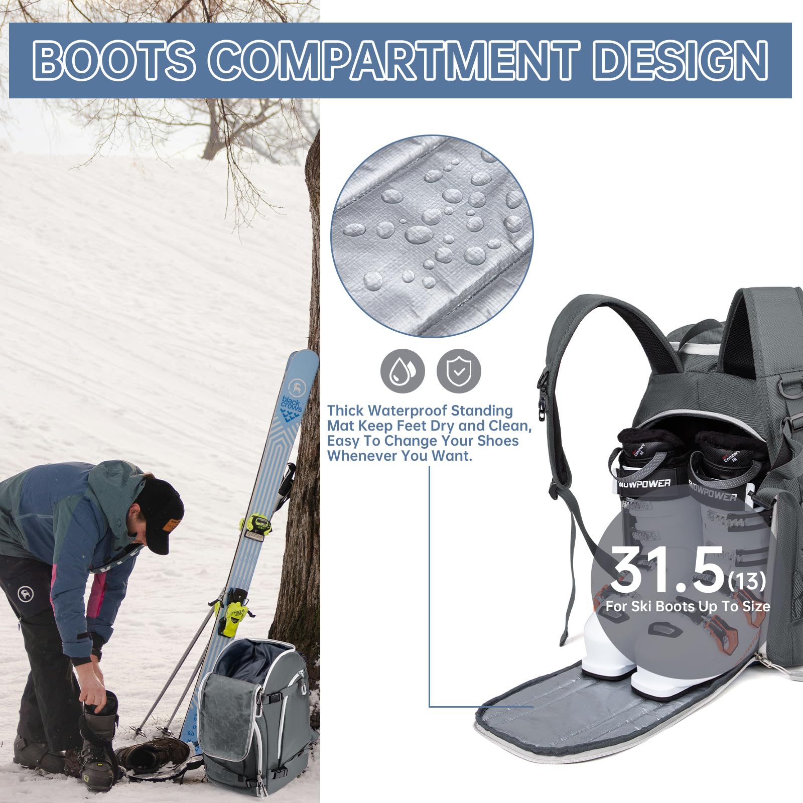 Skischuhtasche, 50L Skischuh-Reiserucksack für Skihelm, Brille, Handschuhe, Ski, Snowboard & Zubehör, wasserdichte gepolsterte Skischuhtasche Rucksack für Männer, Frauen und Jugendliche