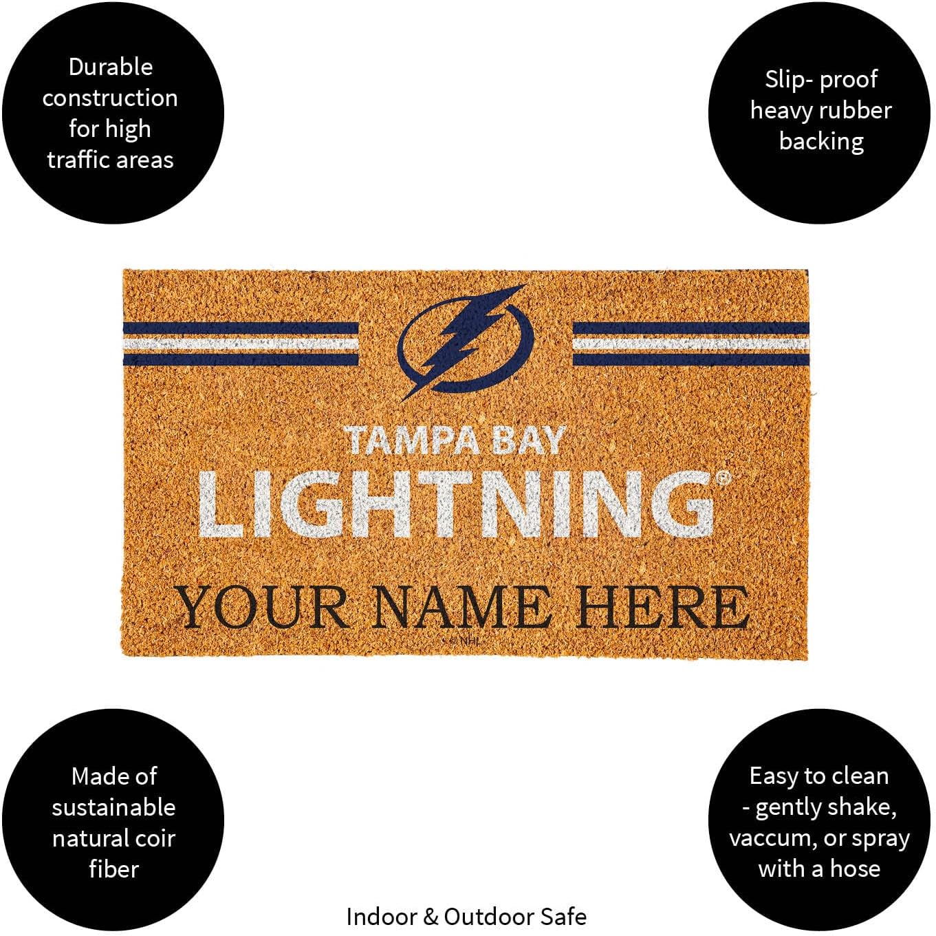 Team Sports America NHL Tampa Bay Lightning Personalized Coir Door Mat, 18 x 30 Inches Custom Name Doormat with Non Slip Back, Front Door Welcome Mats