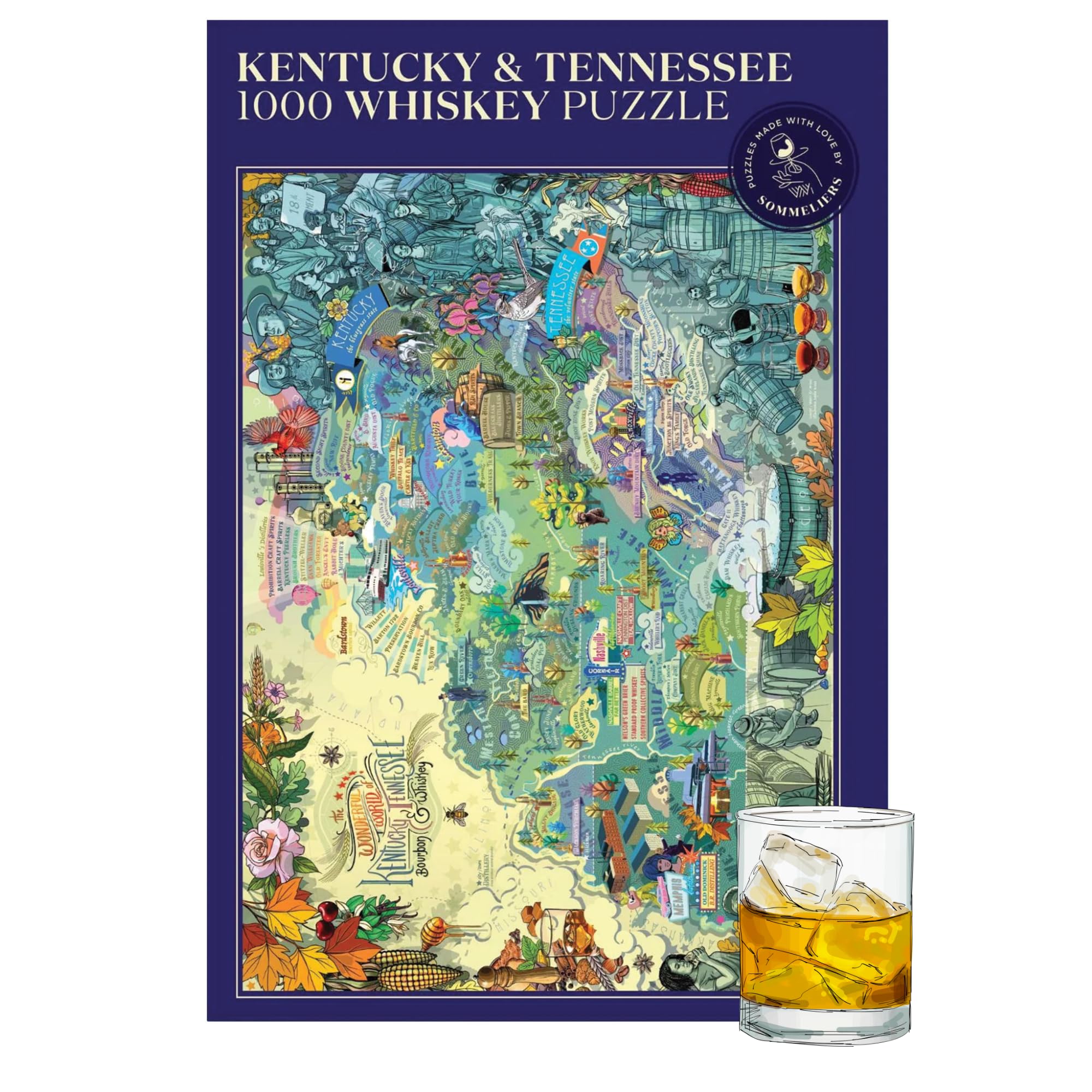 Kentucky & Tennessee Whiskey 1000 Piece Hand-Drawn Jigsaw Puzzle for Adults