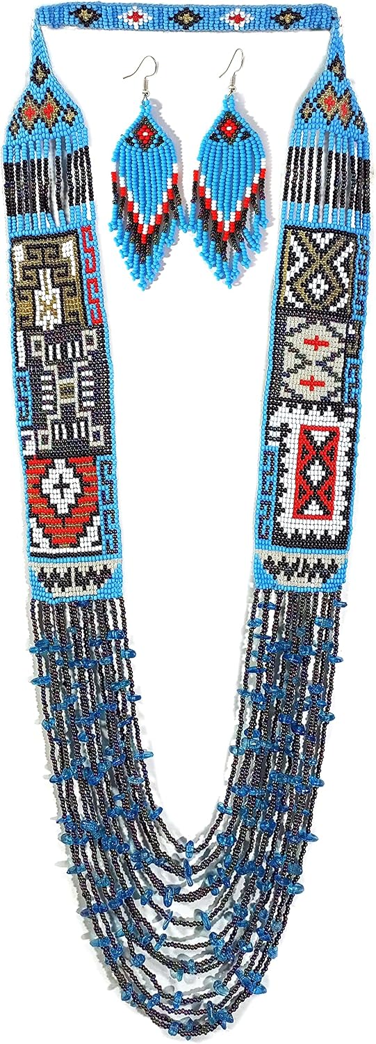 Layered Beaded Necklace – Boho Native Handmade Seed Bead Tassel Necklace, Bohemian Large Statement Beaded Necklace for Women (Turquoise)