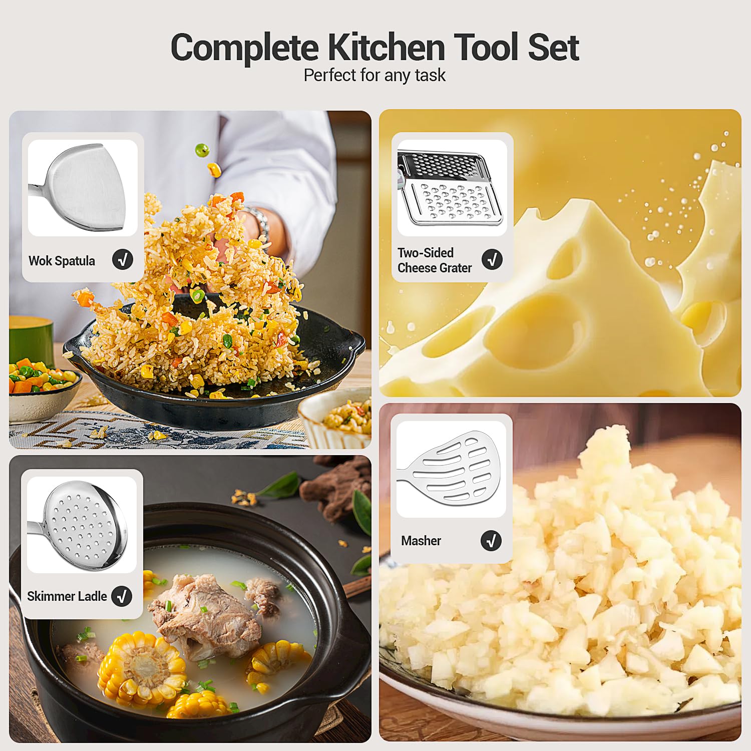 10PCS Cooking Utensils Set, HIFIND Stainless Steel Utensils Set Non Slip Handle Heat Resistant Kitchen Cooking Tools Durable Metal Utensil Spatula, Spoon, Whisk, Ladle, Pasta Fork - Image 5