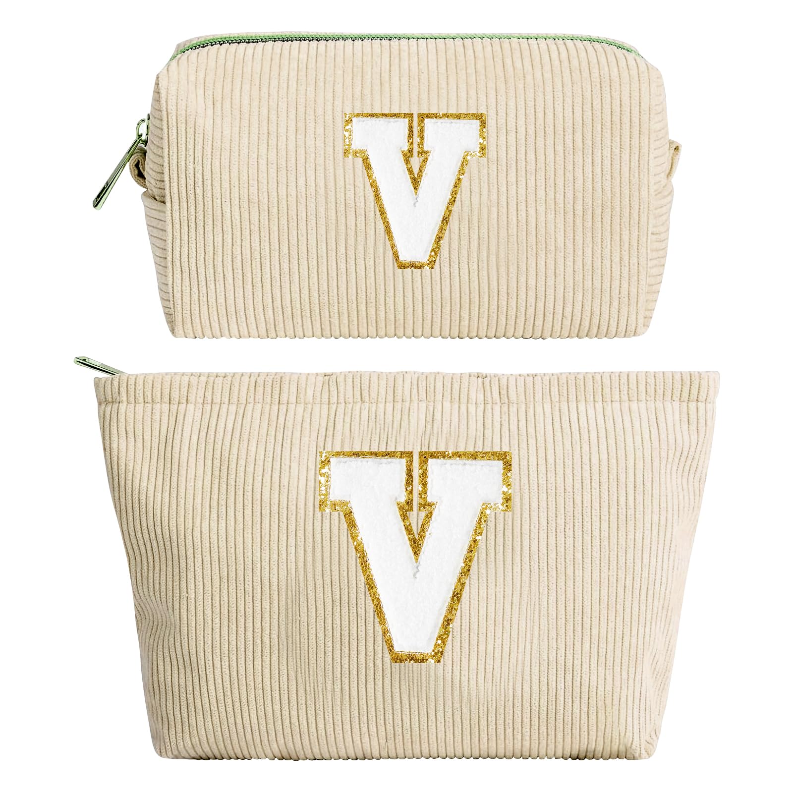 2 Stück Initialen Make-up-Tasche, Cord-Kosmetiktasche, Reise Kulturbeutel Schminktasche Damen, Weihnachten Geburtstag Geschenk für Schwester Mutter Mädchen Beste Freundinnen Brautjungfern Beige(V)