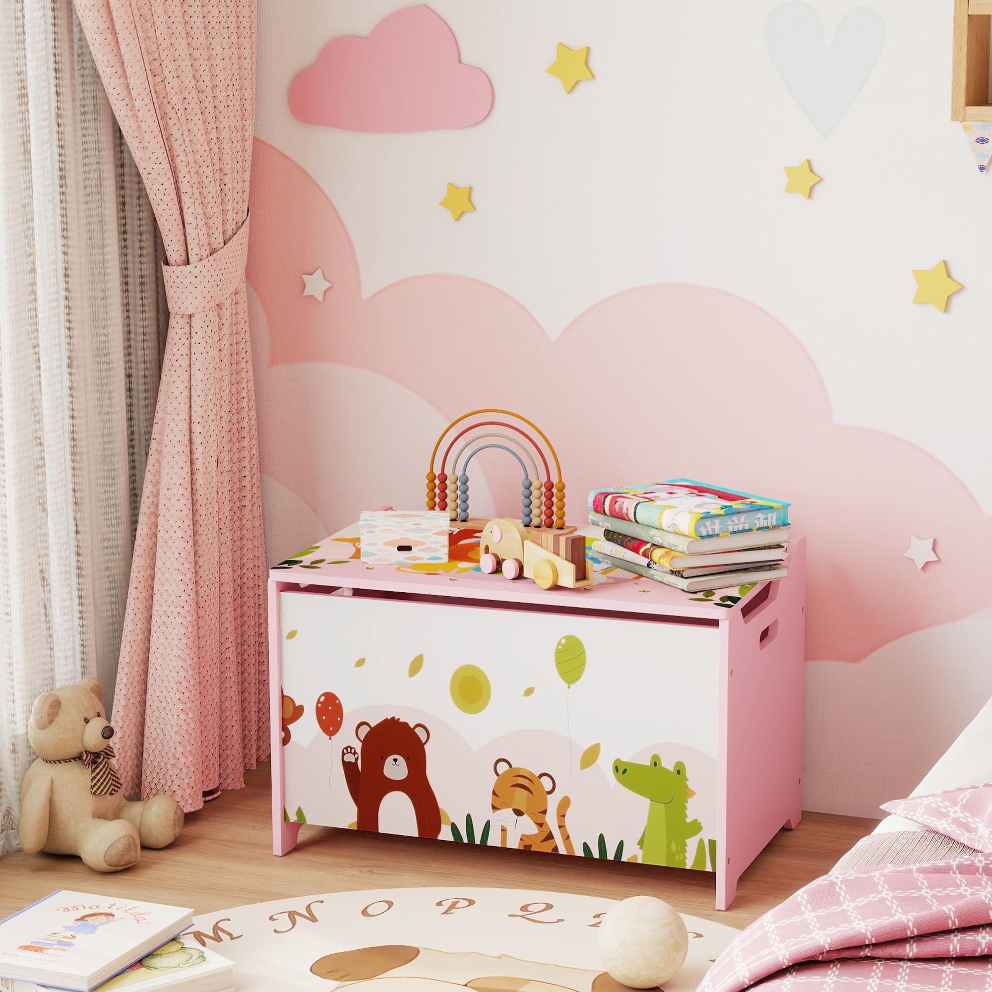 AIYAPLAY Baule Portagiochi per Bambini, Contenitore per Giocattoli in Legno con Cerniere di Sicurezza, Mobile per Cameretta e Salotto con Disegni di Animali, 60x37x39 cm, Rosa
