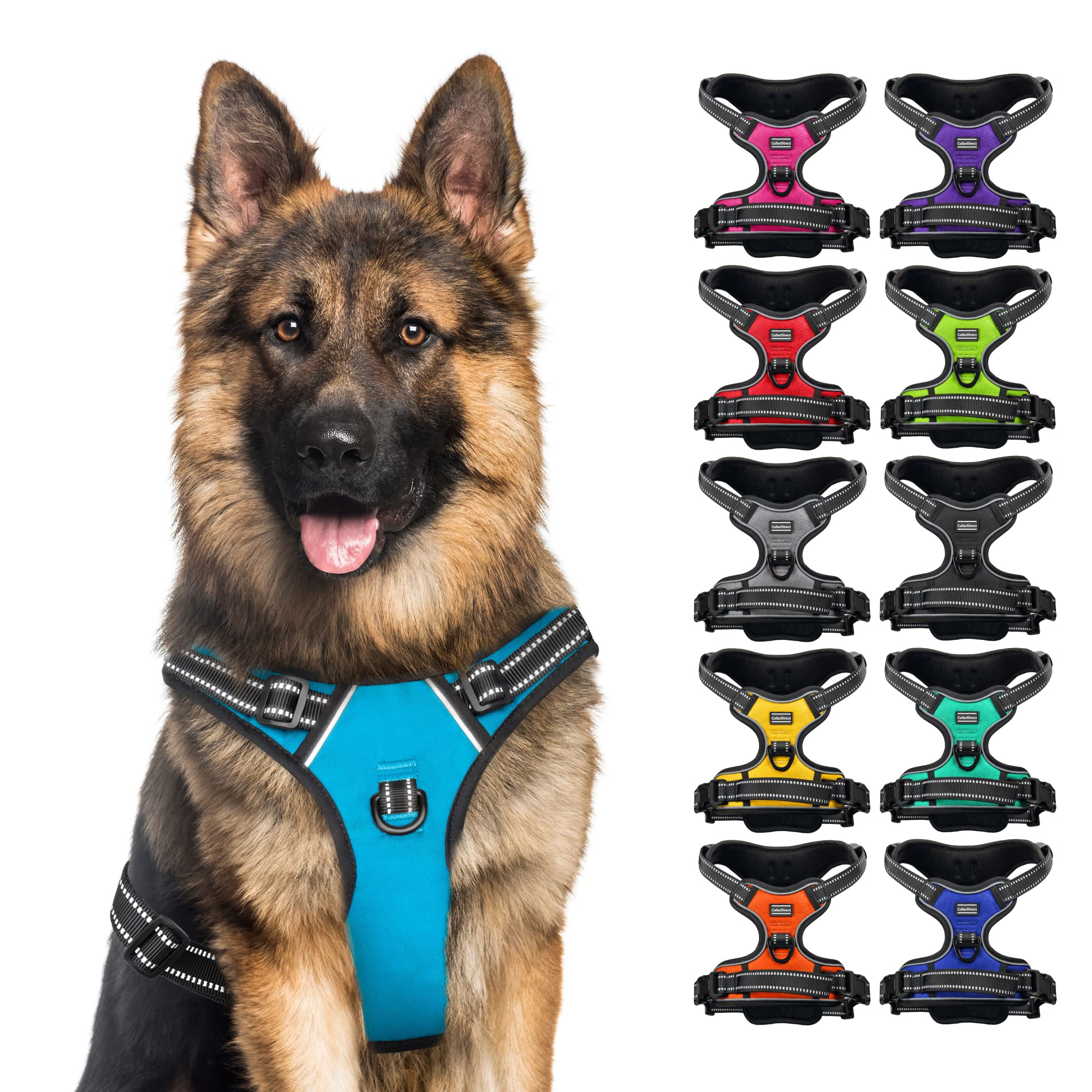 CollarDirect No Pull Reflective Dog Harness with Handle and Front Clip, Adjustible Soft Padded Vest for Small to Large Dogs Training and Walk (Size L, Light Blue)