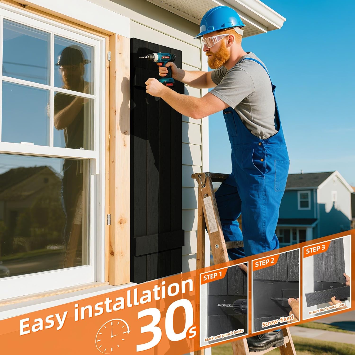 Exterior Window Shutters - Weather-Resistant Polypropylene, Easy DIY Install - Board and Batten Shutters for Windows Outside, Vinyl, Brick, 14.5"W*47" H, Black