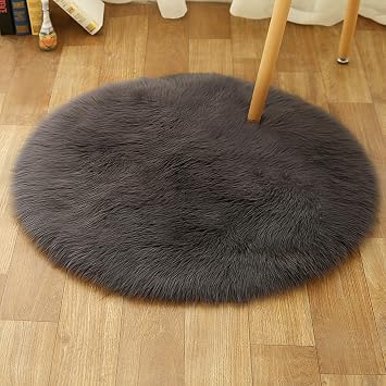 Round Rug Faux Sheepskin Rug Soft Fluffy Area Rug Longhair Faux Fur Imitation Wool Sofa Bedroom Rug Carpet Sofa Chair Shaggy Mat for Bedroom Living Room,30x30cm,Gray-1