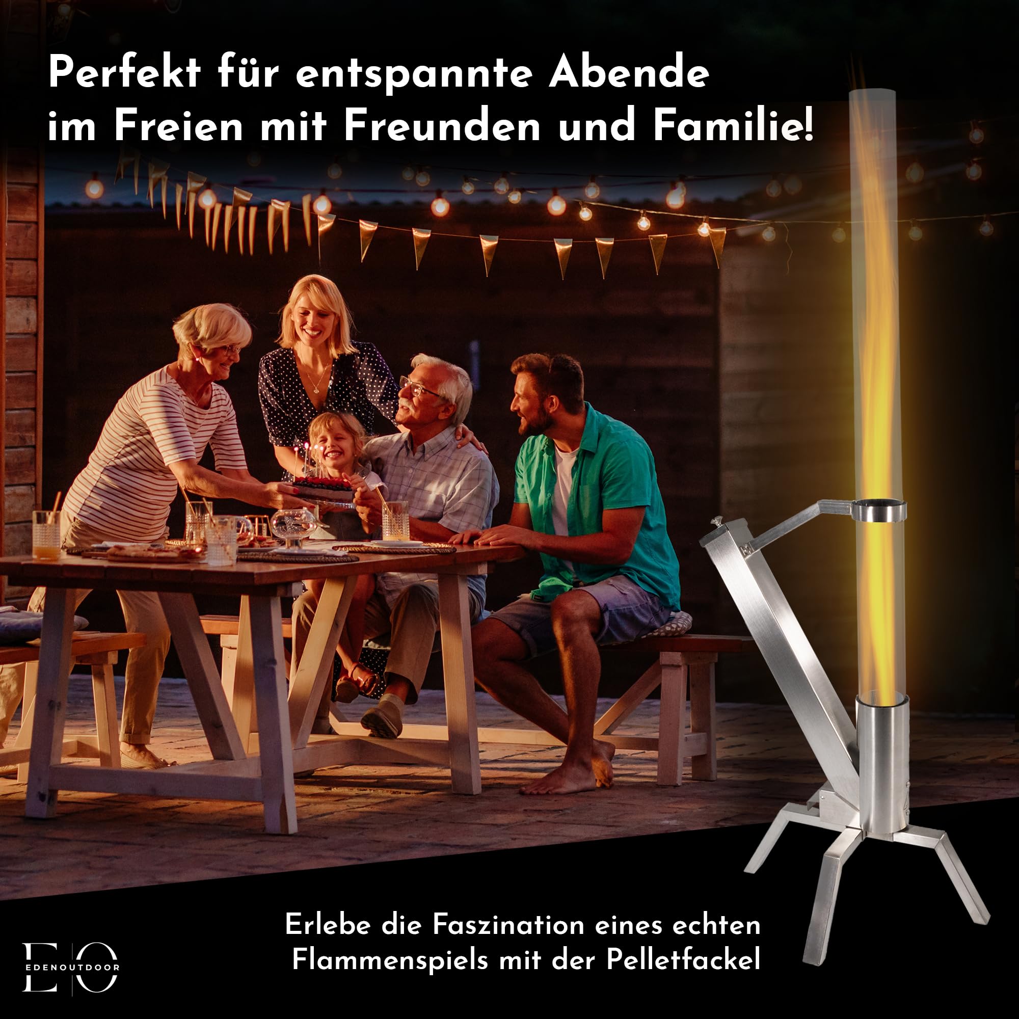 Pelletfackel Edelstahl mit Glasröhre, Feuerrohr Feuersäule mit ca. 75 Minuten Brenndauer, dekoratives Pelletfeuer für Garten & Terrasse, wetterfestes Terrassenfeuer für gemütliche Abende