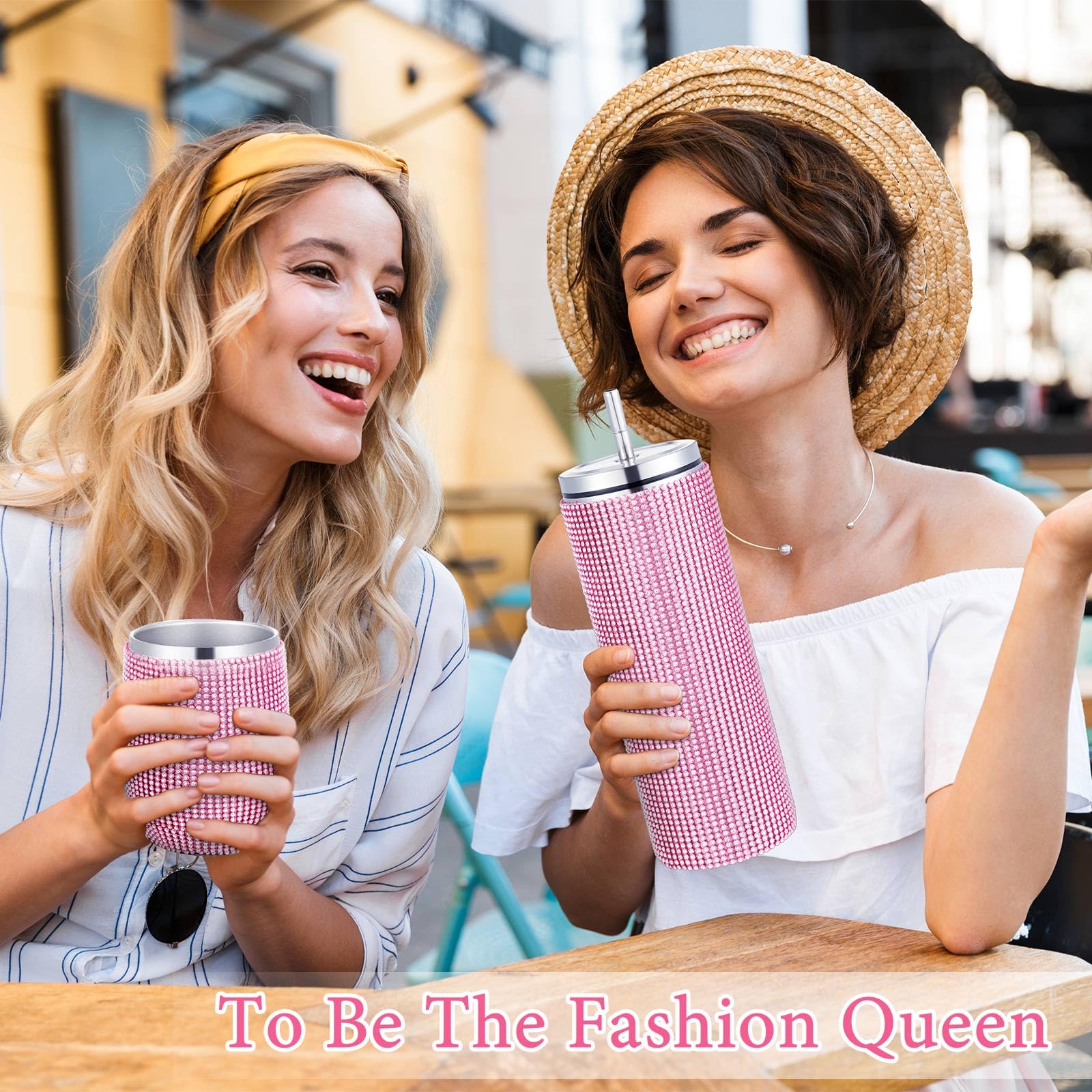 Rtteri 3 Stück Bling Wasserflasche Strass Edelstahl Bling Cup Stiellos Glitzer Tumbler Isoliert Strass Tumbler mit Kette, Deckel und Strohhalm für Frauen Kaffee Martini Wein Becher (Rosa)