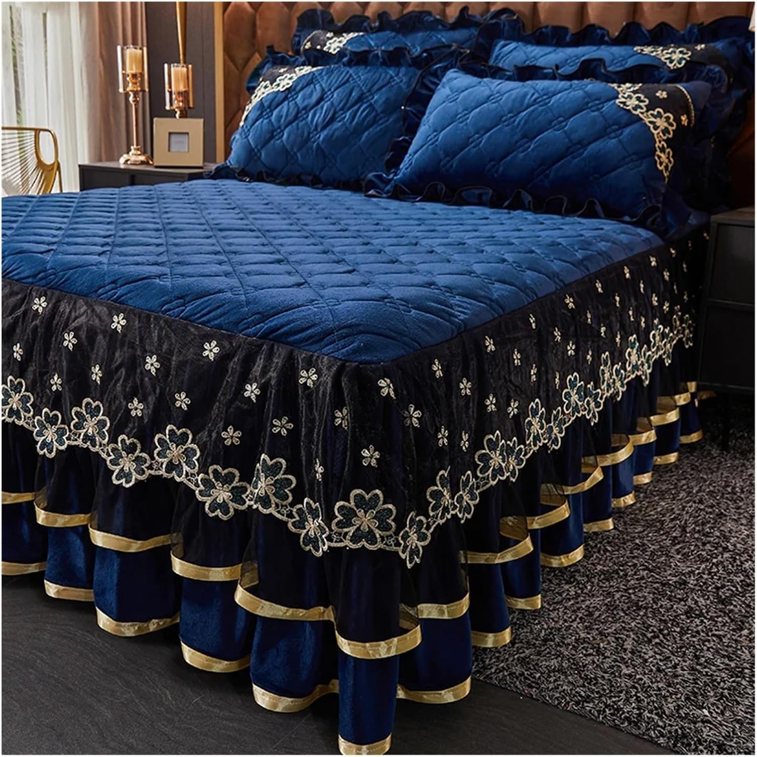 Luxury Super Soft Crystal Velvet Fleece Lace Ruffles Quilted Bed Skirt Mattress Cover Bedspread Pillowcase Bedding Home Textiles,Bedding, 200X220cm 3pcs, JM-021