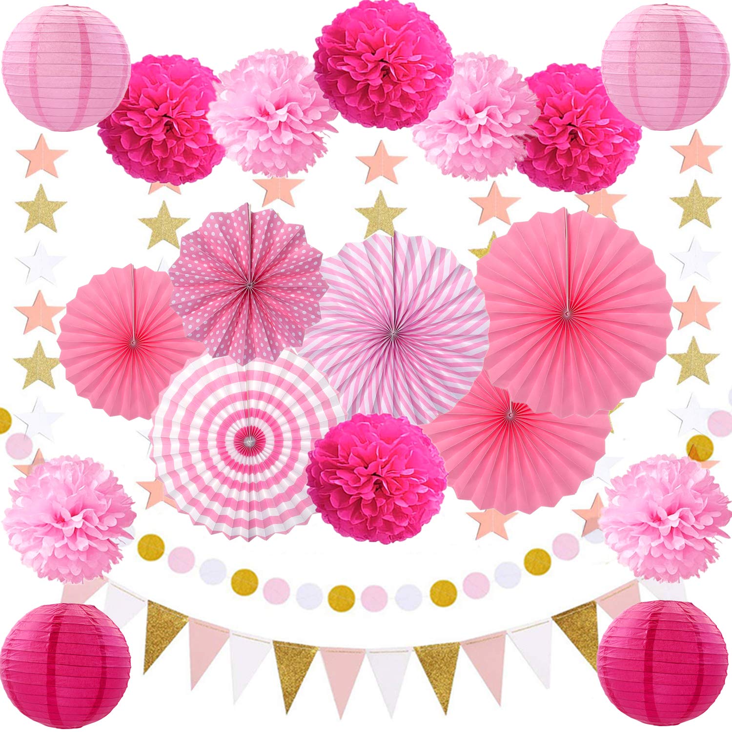 MannliParty Decoration, 21PCS Pink and Rose Red Hanging Paper Fans Paper Pompoms Paper Lanterns, Star and Dot Bunting Garlands Flags for Birthday Bridal Showers Baby Showers Wedding