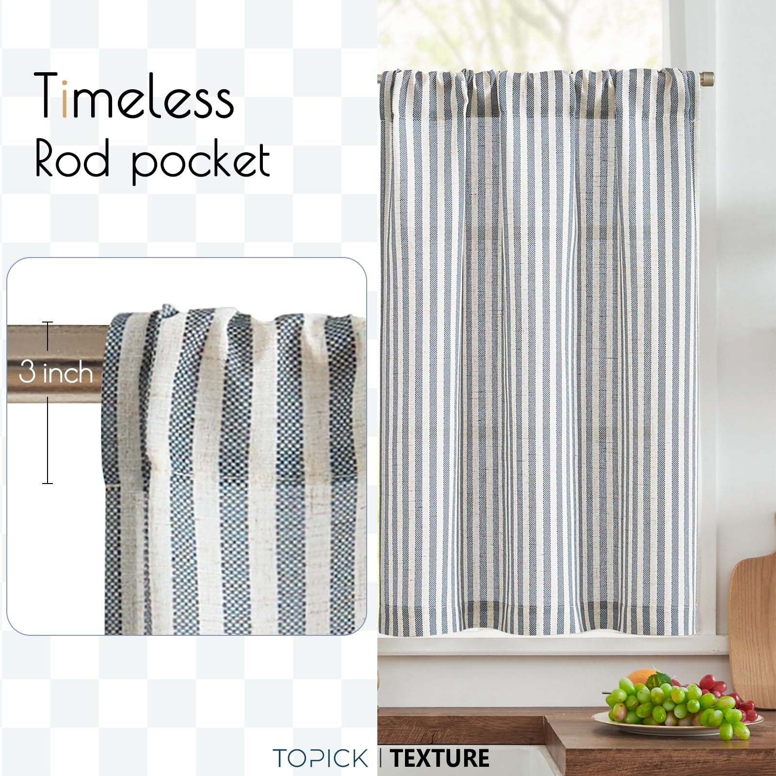 TOPICK Blue Striped Linen Look Kitchen Curtains 30 Inch Drop, Light Filtering Pinstripe Cafe Curtains - Image 3