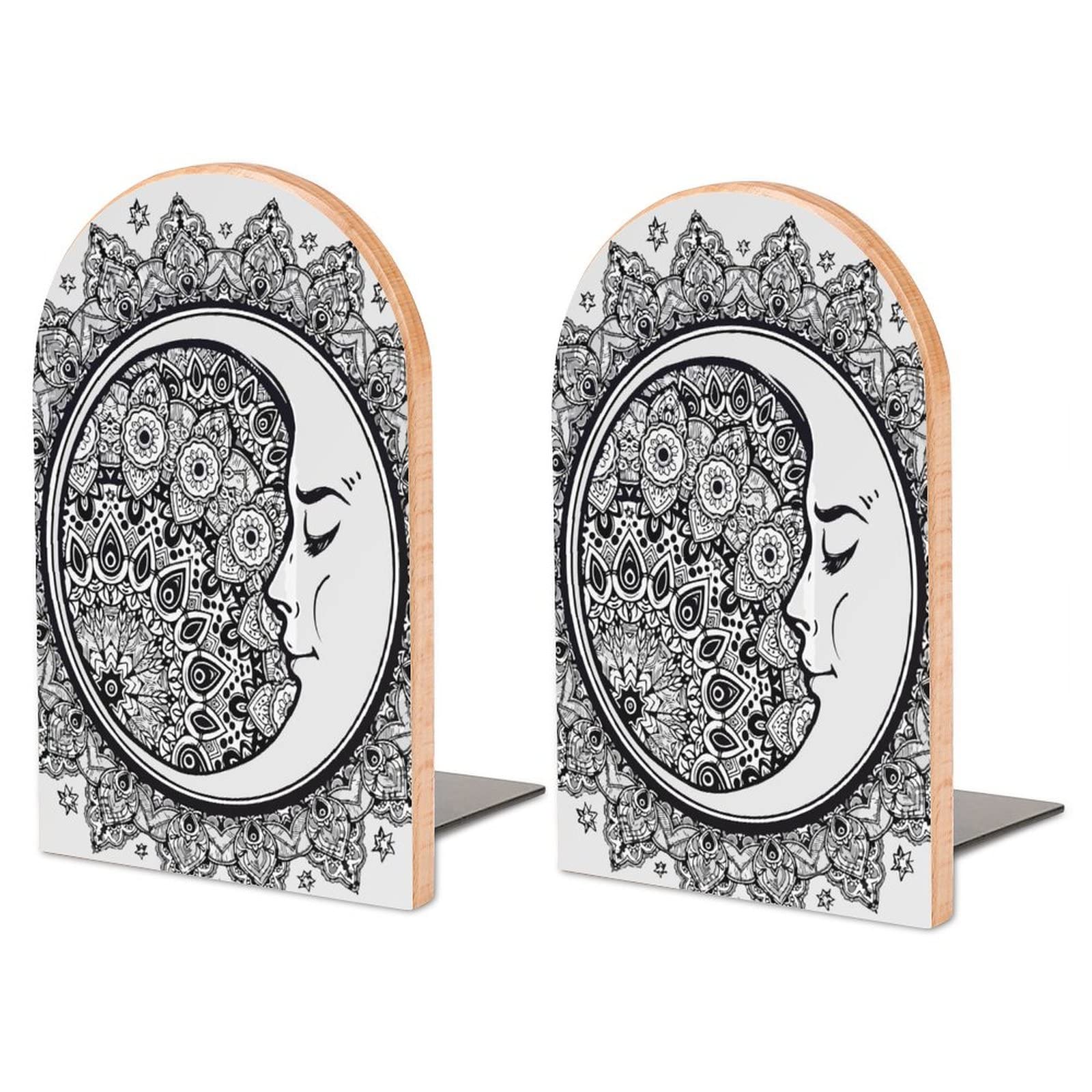 Floral Moon Mandala Bookends Heavy Duty Book Stand 1 Pair for Home Office Shelves Decorative