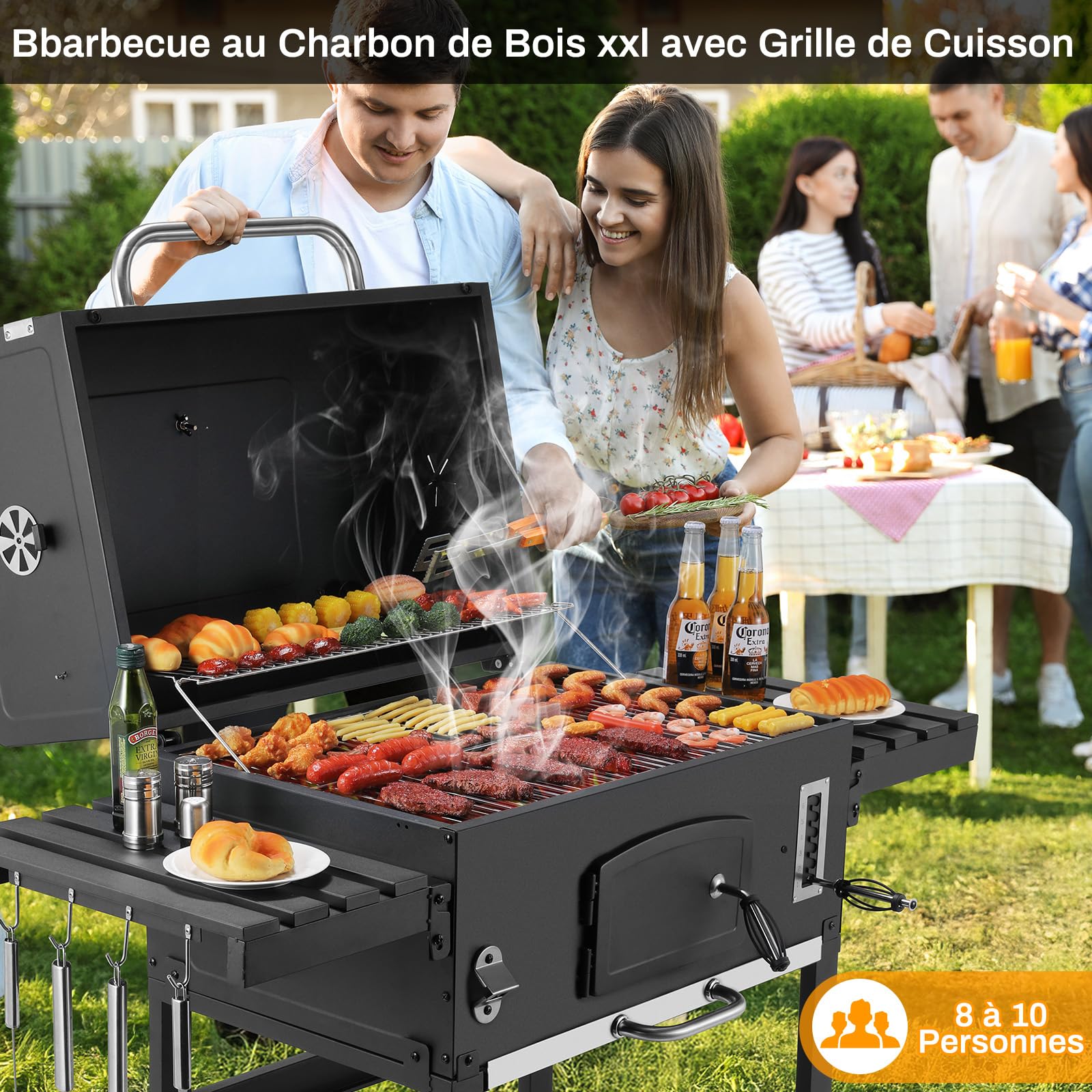 LIFERUN Barbecue Charbon de Bois XXL avec Cheminée, Grand Chariot avec Couvercle, Roues, Thermomètre, Fumoir Smoker