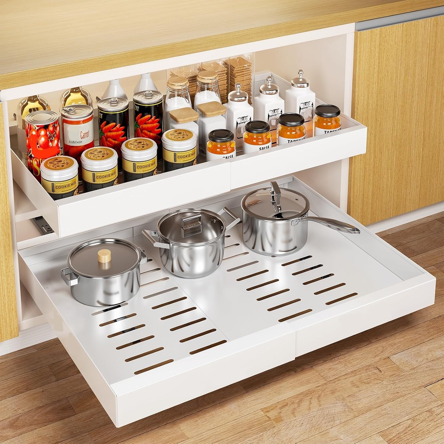 Delamu Pull Out Cabinet Organizer, 21" Deep Pull Out Drawers for Cabinets, Expandable Slide Out Drawers for Kitchen, Cabinets, Bathroom, Pantry Storage White 21"D x 12.3"-20.8"W(1Pack)