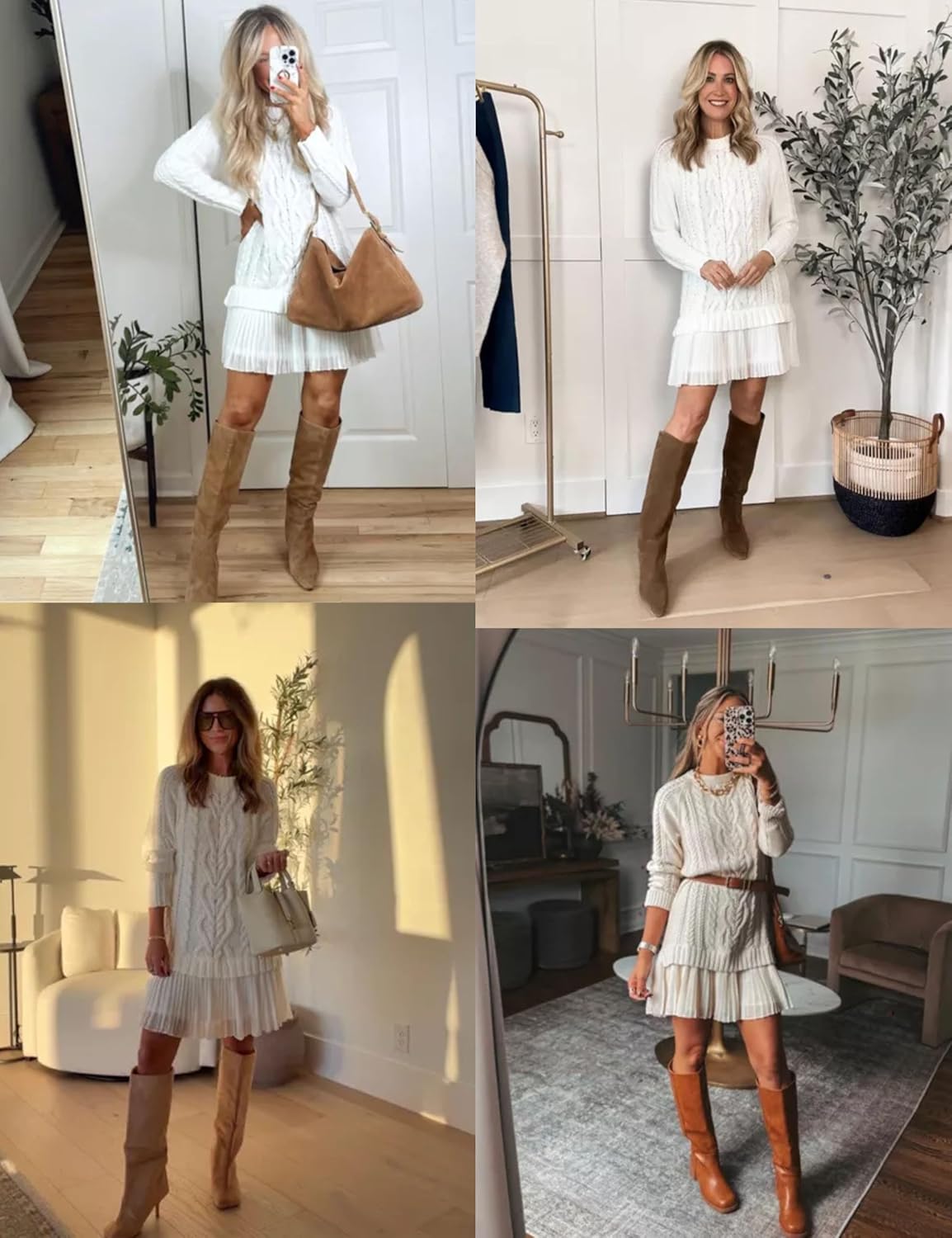 MINSURE Women Cable Knit Sweater Dress Crewneck Long Sleeve Pleated Mini Dress Twofer Style Patchwork Dress - Image 4