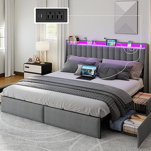 Miniatura 12 de SADENICEL Base de cama Queen con cabecera de almacenamiento y 2 cajones, plataforma de base de cama de metal tamaño Queen con luz LED, estación de