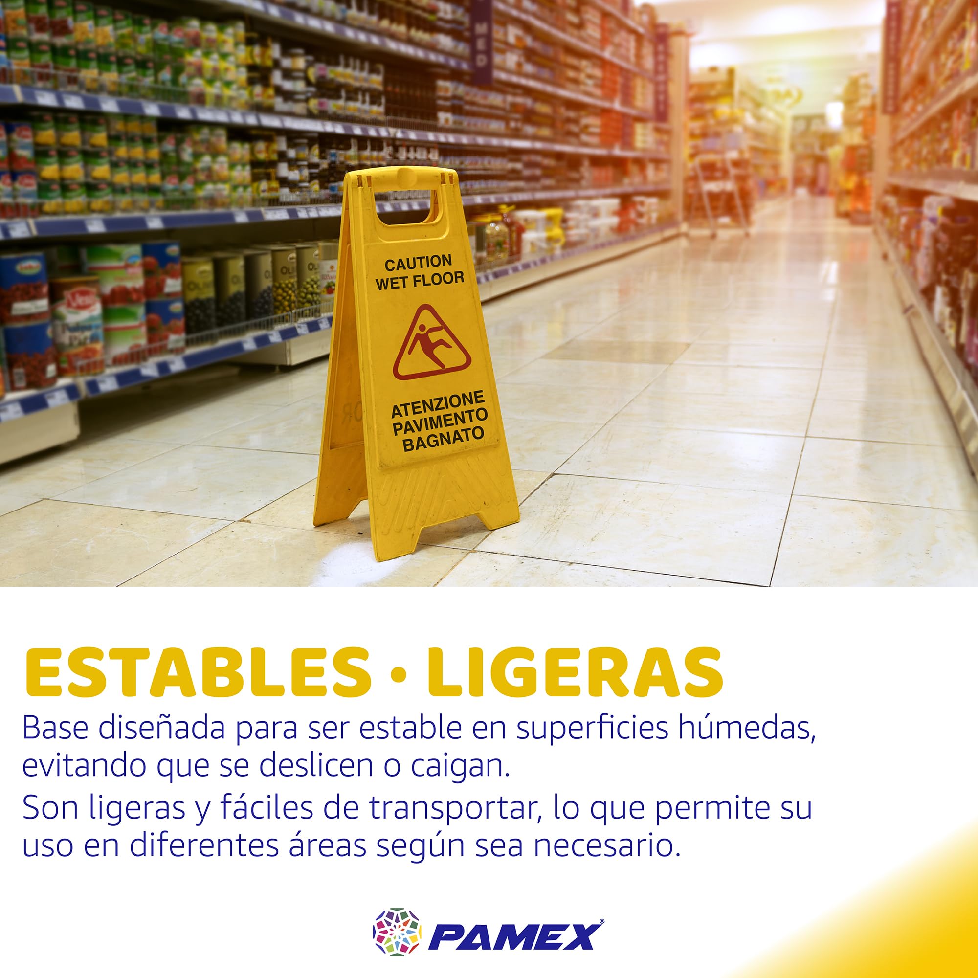 Señal Aviso profesional "Caution wet floor - Atenzione pavimento bagnato". En Inglés e Italiano. Alta visibilidad para evitar accidentes