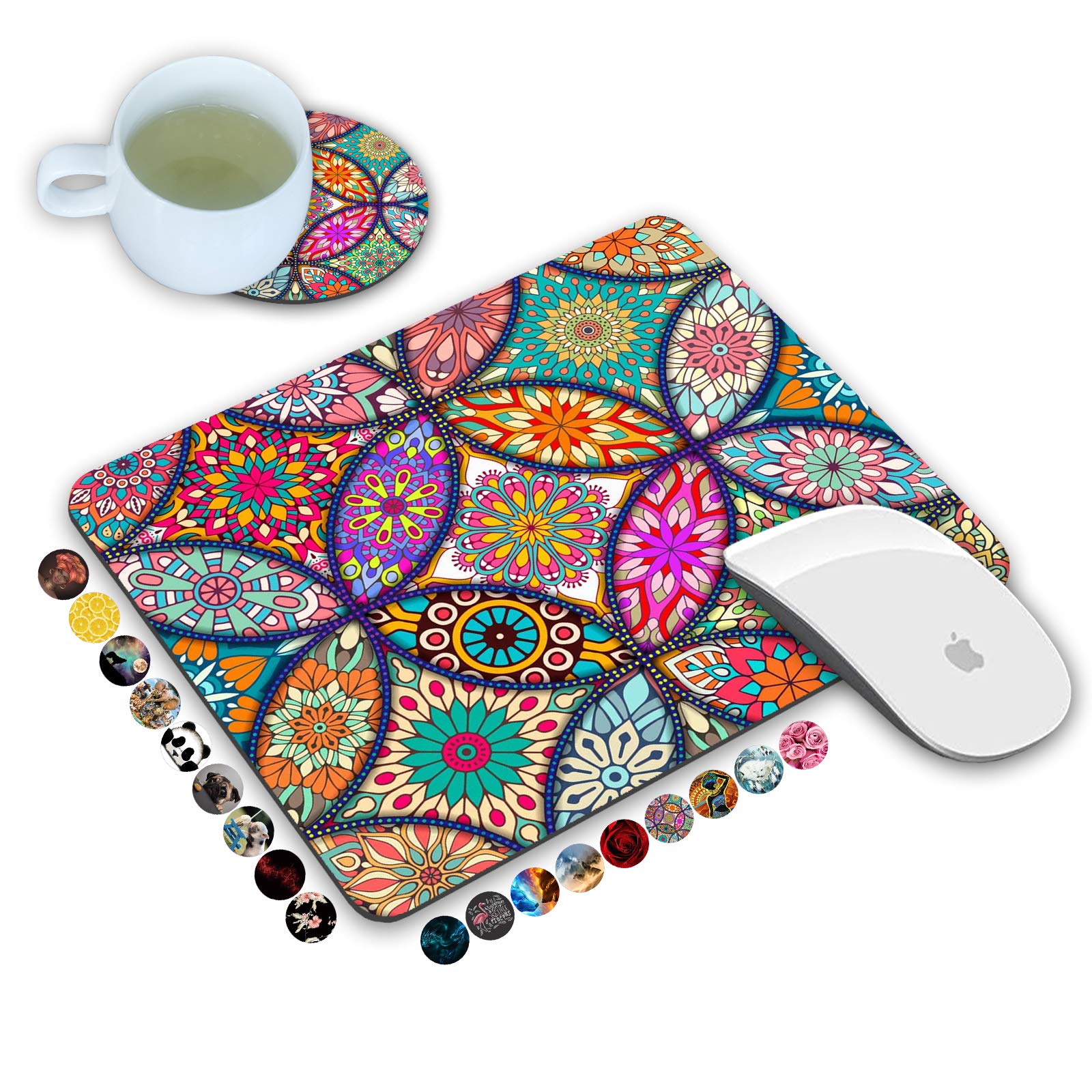 LOWORO Mouse Pad and Coasters Set, Mandala Colour Mouse Pad, Non-Slip Rubber Base Rectangle Mouse Pads for Laptop and Computer Office Accessories
