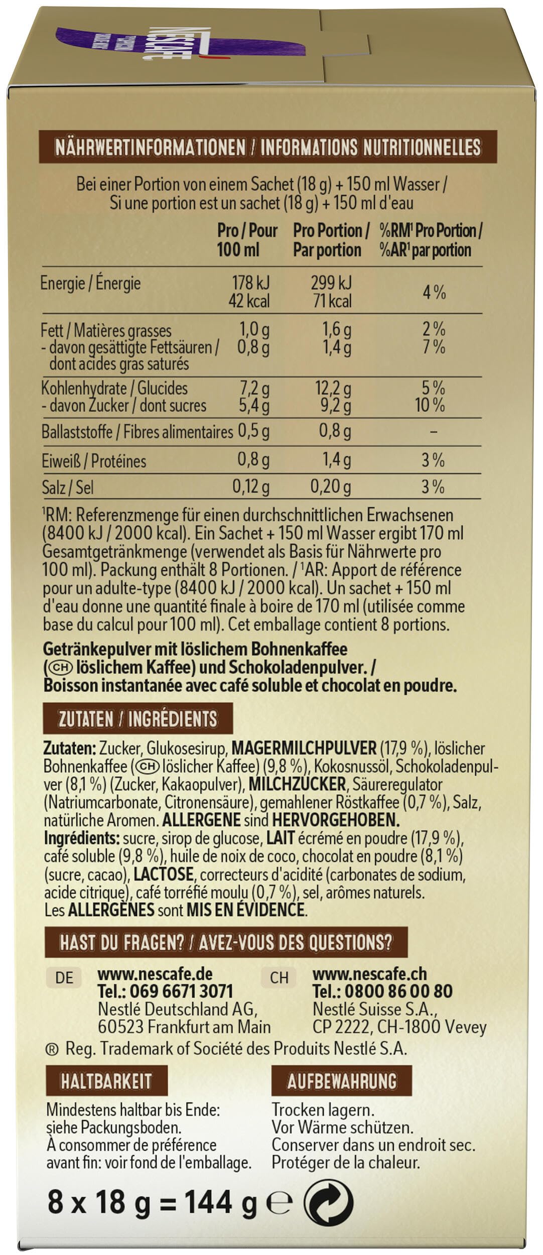 NESCAFÉ GOLD Cappuccino Chocolate, napój w proszku z rozpuszczalnej kawy fasolowej, zawiera kofeinę, opakowanie 6 sztuk (po 8 x 18 g)