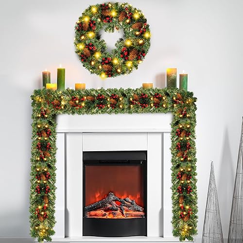 Miniatura 2 de Ceenna Guirnalda de Navidad de 9 pies, guirnalda de pino Norfolk iluminada, guirnalda de Navidad artificial de aguja larga, guirnalda de pino de