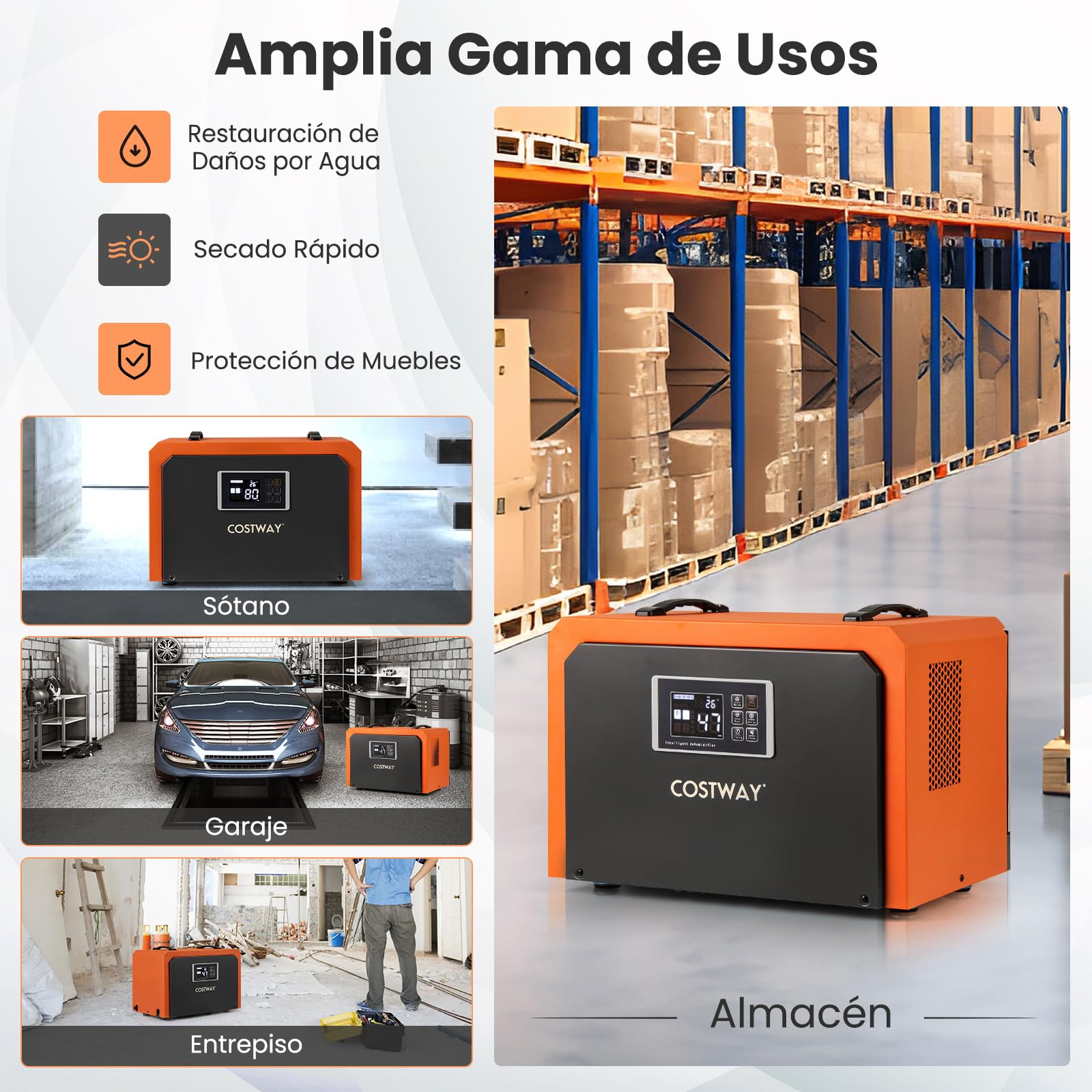 COSTWAY Deshumidificador Industrial 60L/día, Deshumidificador Comercial con Manguera de Drenaje, Temporizador 24H, Descongelación Automática, para Sótano, Almacén, hasta 560 ㎡