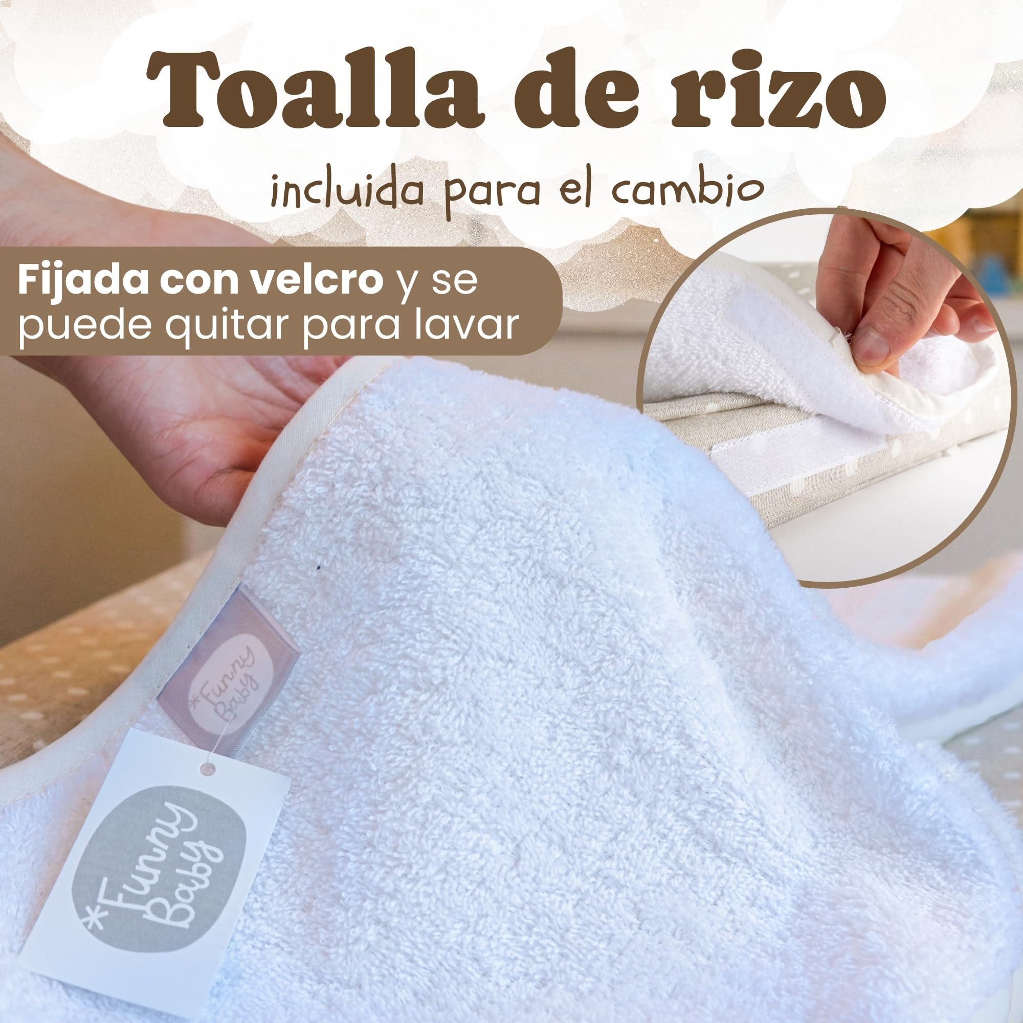 Funny Baby | Colchoneta Cambiador Bebé Impermeable 48x70 cm – Espuma Acolchada con Bordes Elevados, Funda Lavable y Toalla de Rizo – Cambiador para Cómoda Diseño Topos