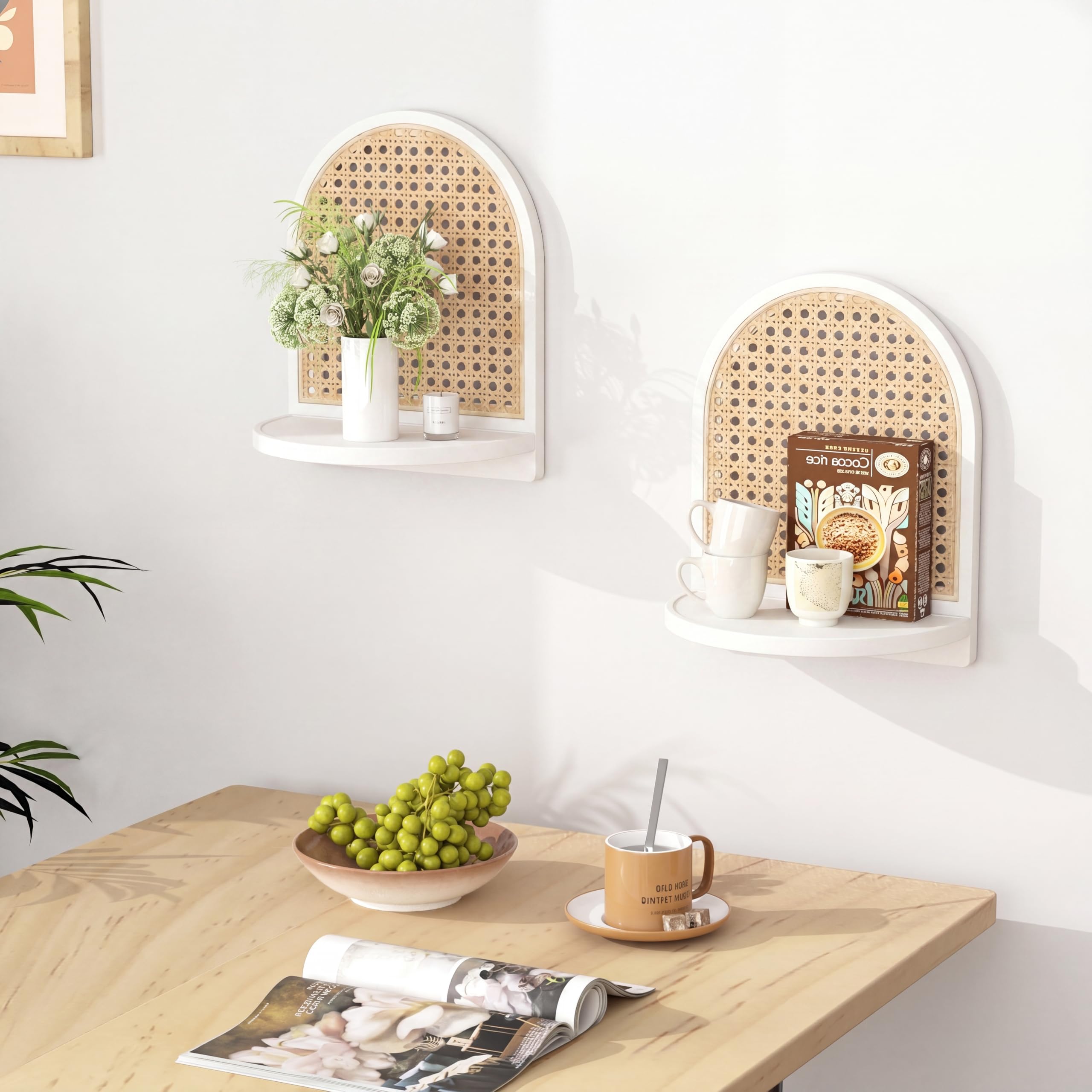 2er Set Rattanregal, 18 cm Natürliches Schweberegal in Weiß mit Weidedekor, Boho Wanddekoration & Wandregal Kinderzimmer zum Ausstellen von Pflanzen & Figuren, Mini Regal für Kleinigkeiten