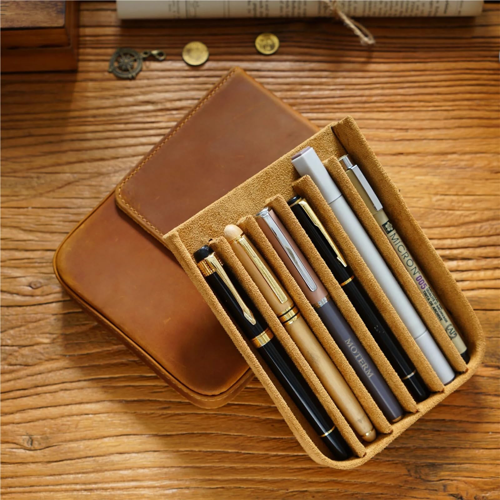 Estuche de Cuero Organizador de cajones magnético de Cuero Hecho a Mano con 6 Ranuras, Caja de Almacenamiento de 13 x 16,5 x 3 cm(Red)