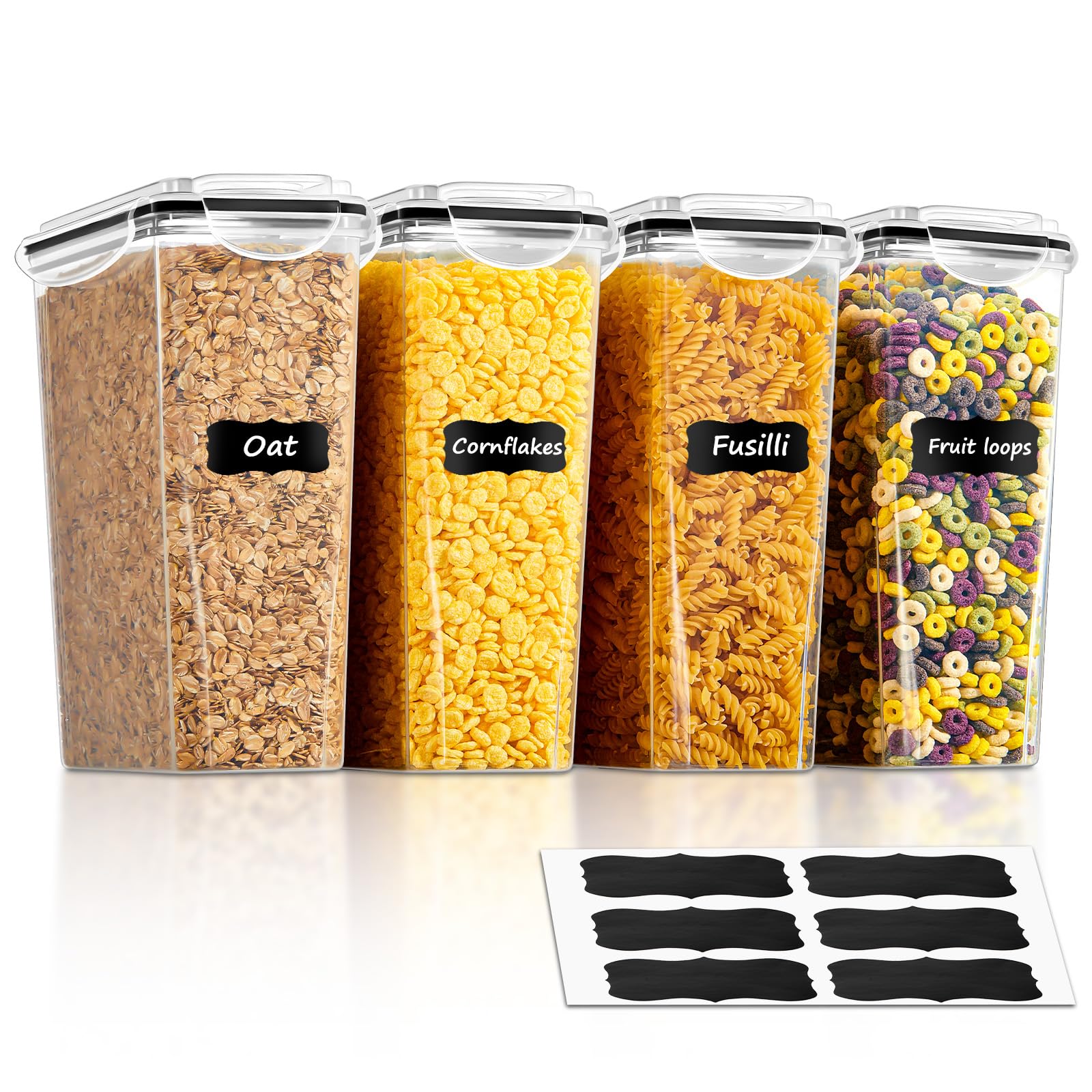 FOHERE Cereal Storage Containers with Lids, 3.7L, 4PCS BPA Free Plastic Food Containers with 6 Labels, Pantry Organizers for Cereal, Cornflakes, Flour, Cereal Dispenser for Kitchen Storage