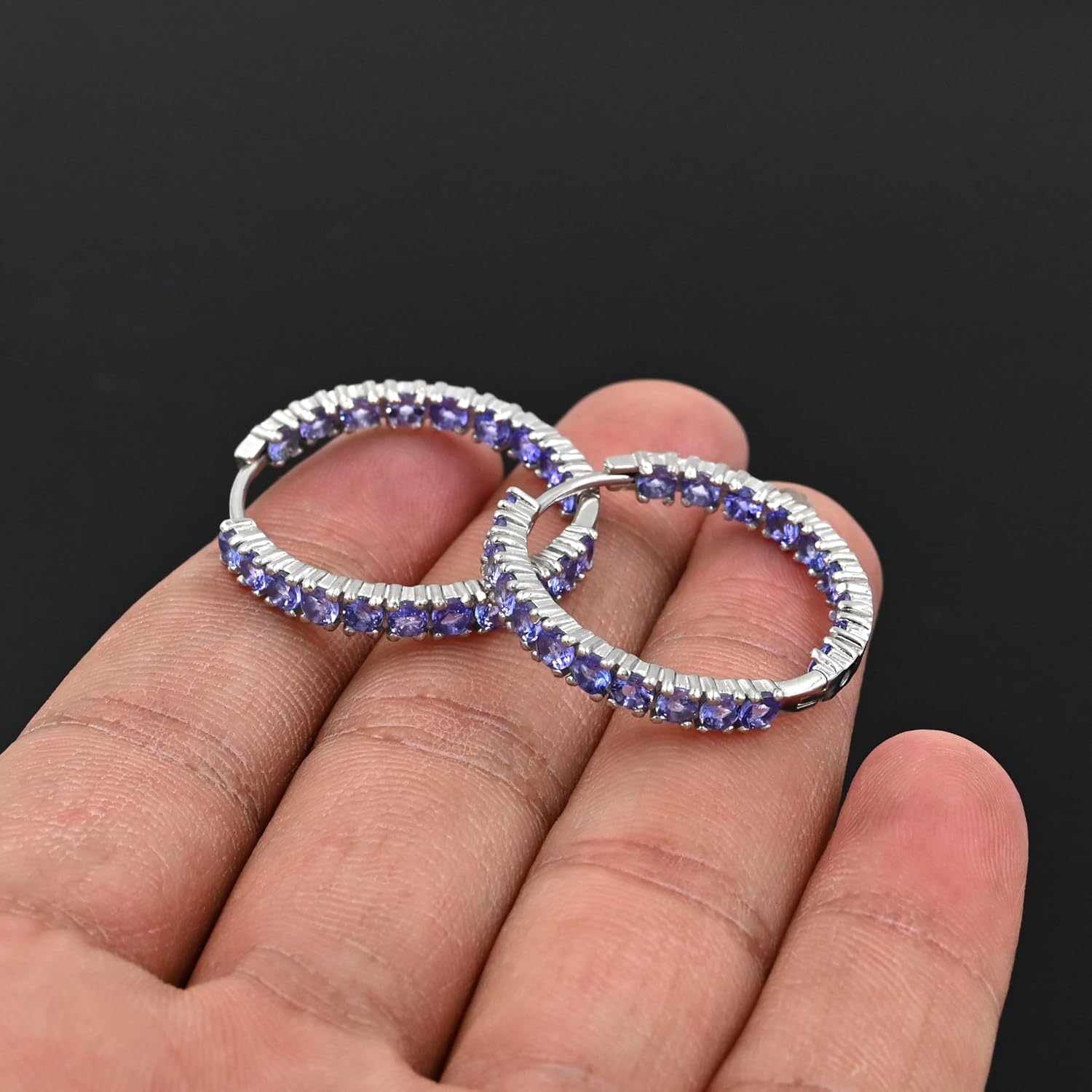 Natural Tanzanite Hoop Earrings for Women | 925 Sterling Silver 3mm Round Cut Tennis-Style Tanzanite Hoops | December Birthstone Fine Earrings | Elegant Women Jewelry | Engagement Gift for Her