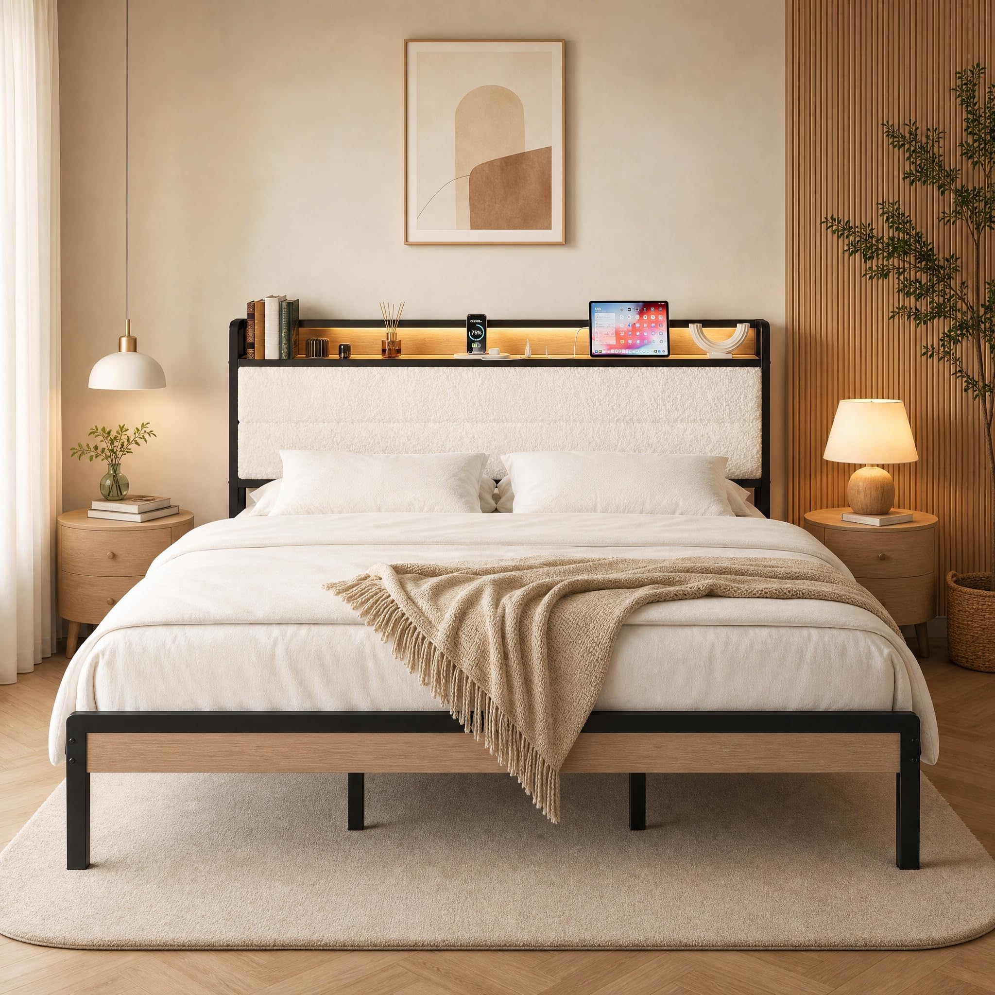 LIKIMIO King Size Bed Frame, Storage Headboard with LED Lights and Charging Station, Metal Platform Bed No Box Spring Needed, Noise Free, Under Bed Storage, Natural and Cream