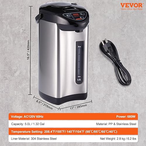 Miniatura 7 de VEVOR Dispensador de agua caliente, caldera y calentador de agua ajustable de 4 temperaturas, calentador de agua de encimera de acero inoxidable