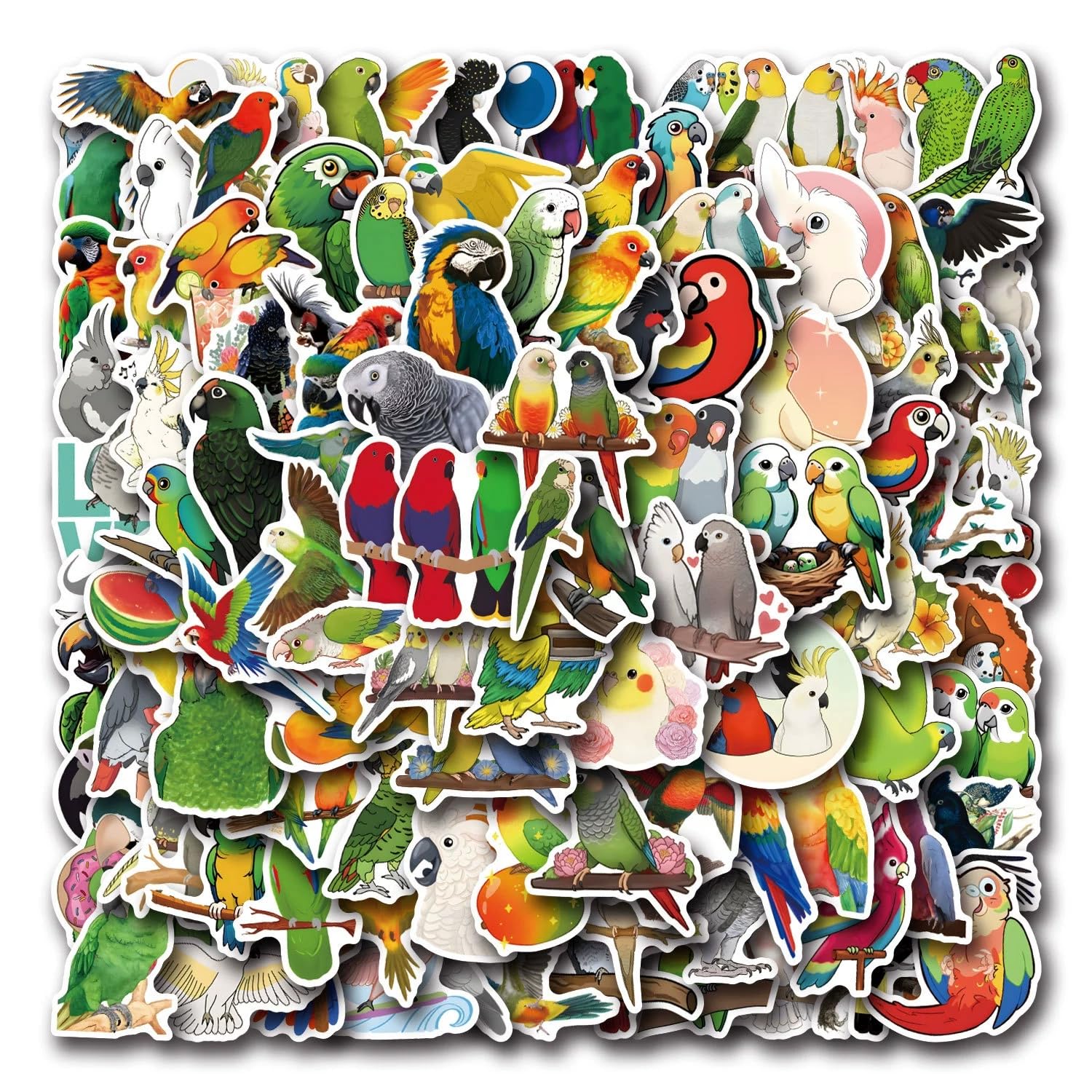 100Pcs Colored Parrot Stickers Laptop Car Scrapbook Phone Skateboard Suitcase Luggage Bike Parrot Vinyl Waterproof Aesthetic Personalised Stickers for Teens Boys Girls Adults