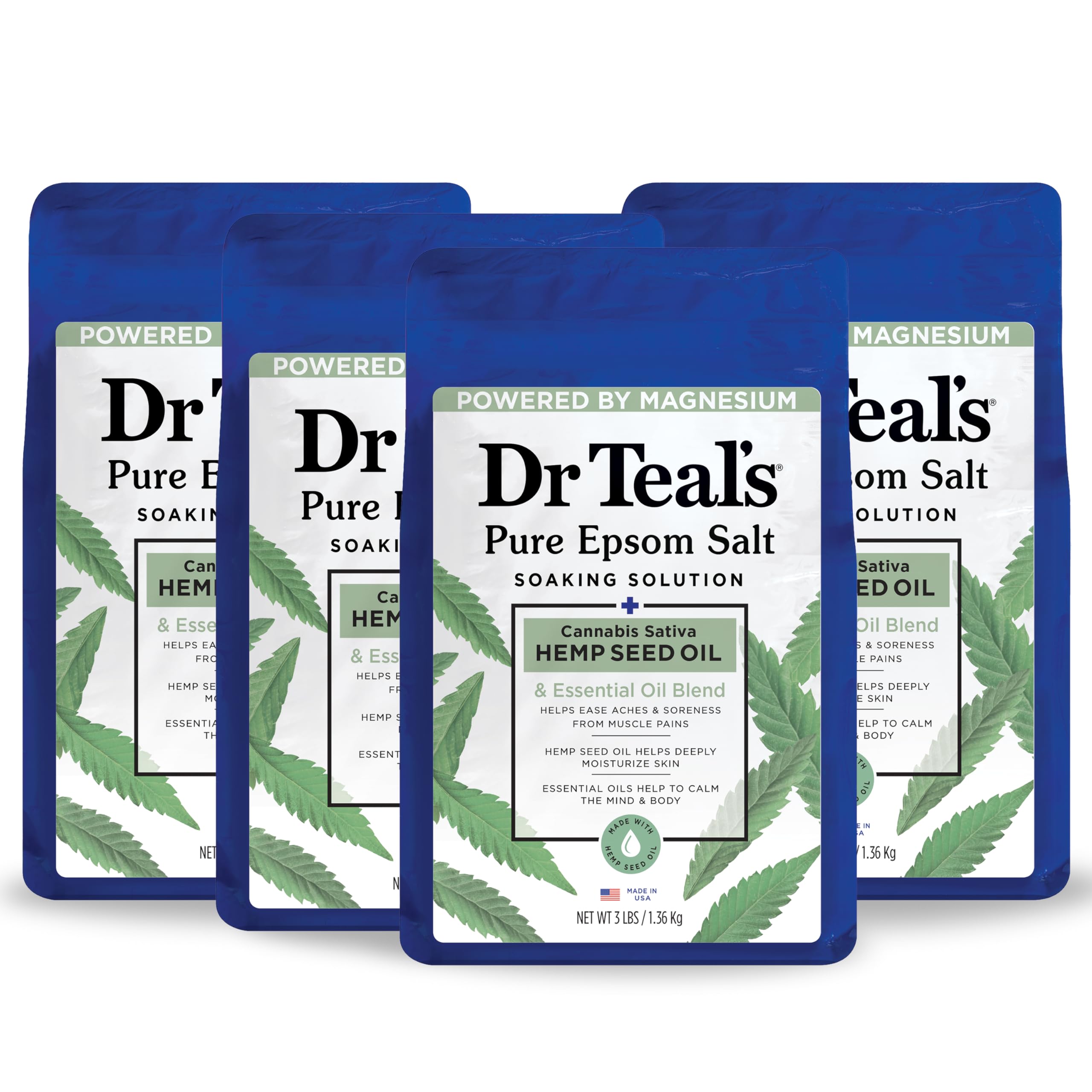 Dr Teal's Pure Epsom Salt, Cannabis Sativa Hemp Seed Oil, 3 lb (Pack of 4)