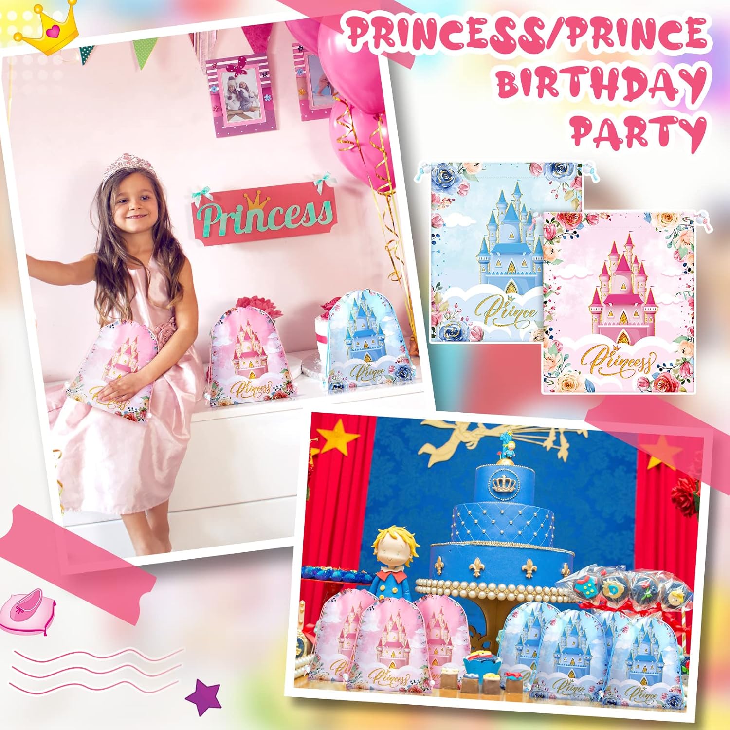 Riakrum 24 Pcs Princess Party Favor Bags Princess Goodie Drawstring Bags Pink Blue Castle Gift Pack for Birthday Baby Shower Decoration Supplies 11.8 x 9.8''