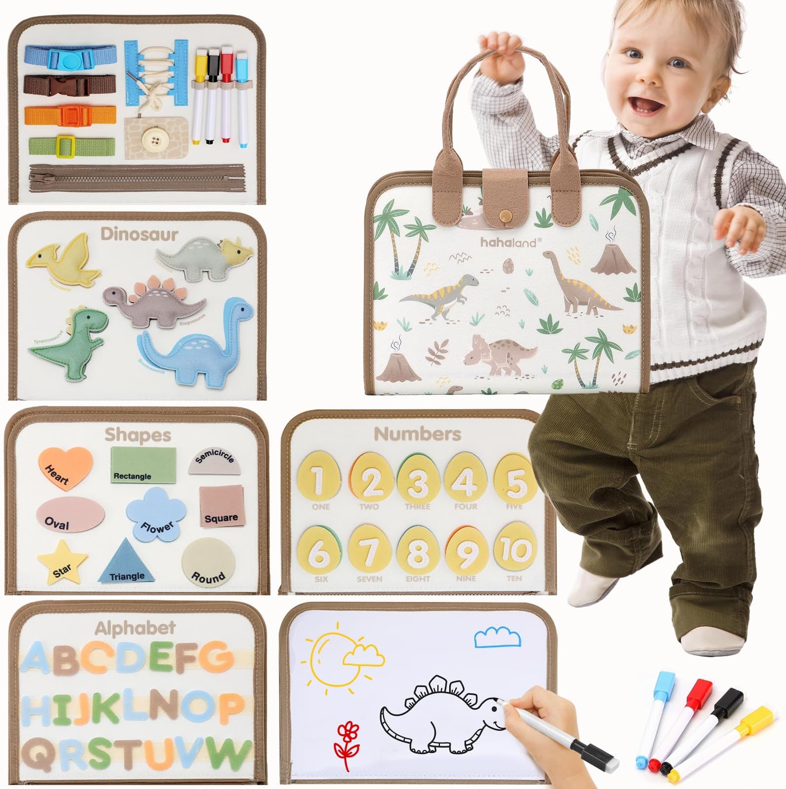 hahaland Montessori Busy Board for Toddlers Boy Toys Birthday Gift - Travel Toys - Dinosaur, Alphabet, Number, Shape, Drawing, Life Skills