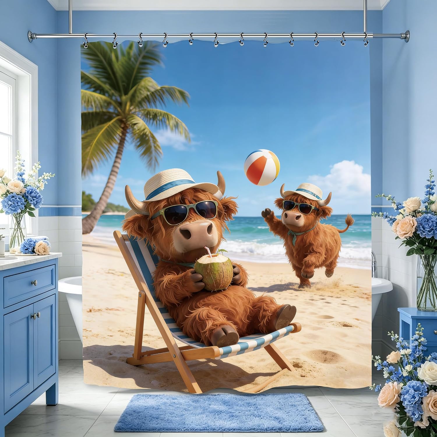 Funny Cute Highland Cow Bathroom Shower Curtain 60W by 71H Inch Bull Beach Coastal Hilarious Summer Tropical Polyester Fabric 12 Plastic Hooks Waterproof Decor