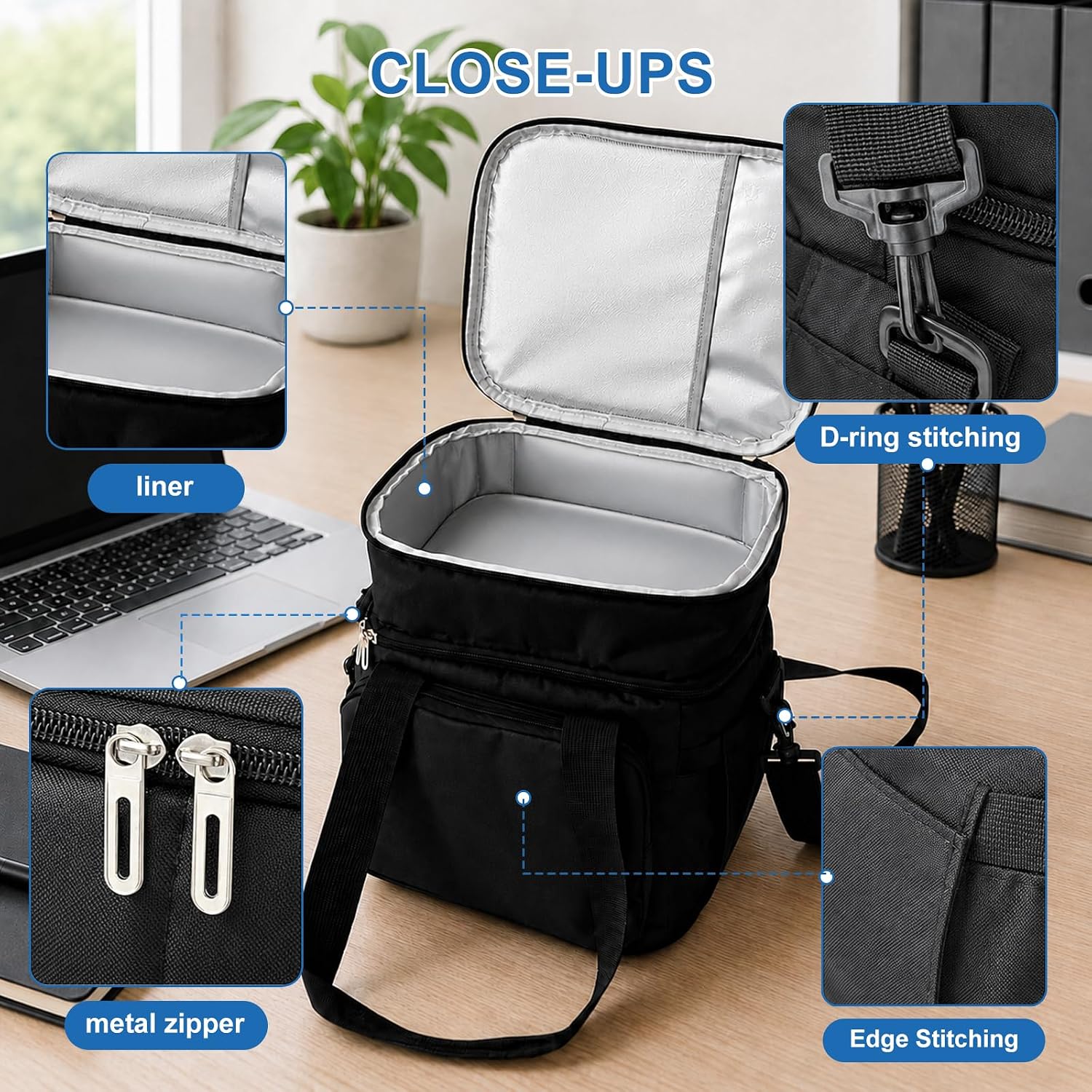 Double Deck Lunch Bag for Men Women - 18L Insulated Cooler Bag, Leakproof PEVA Lined, Large Soft Adult Lunch Box for Work, Office, Picnic, Beach, Camping, Travel (Black) image 4