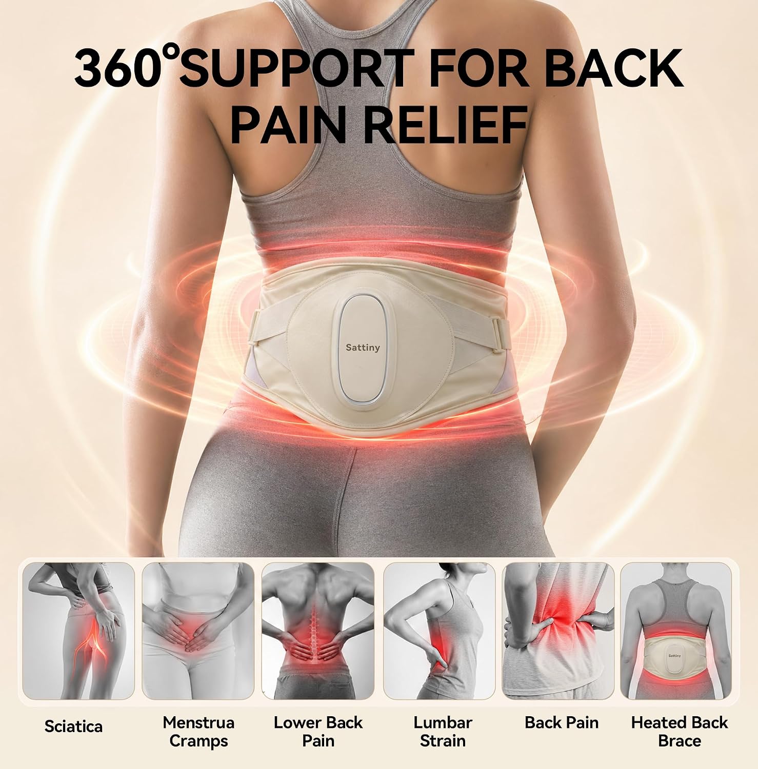 Cordless Heating Pad with Air Compression & Vibration Massager ， 4-in-1 Wearable Back Heating Belt, Rechargeable Long-Lasting Battery, 3 Heat + 3 Massage for Lower Back Pain Relief, Gift for Men Women
