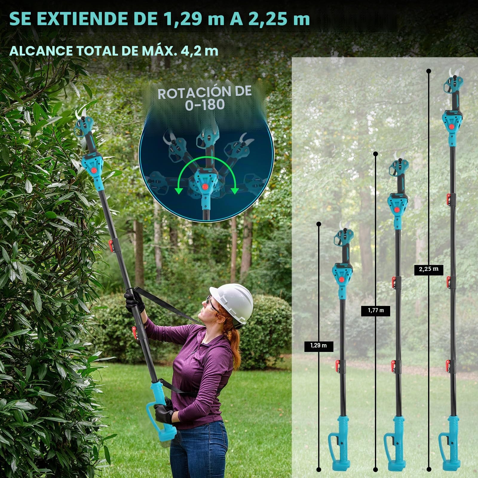 2 EN 1 Tijeras de Podar Eléctricas Telescópicas para Makita 18V(Sin Batería | Roadtime Podadora con Barra Extensible hasta 4,2 m, Cabezal Giratorio 180°, Corte 45 mm, Herramienta de Árboles y Jardín