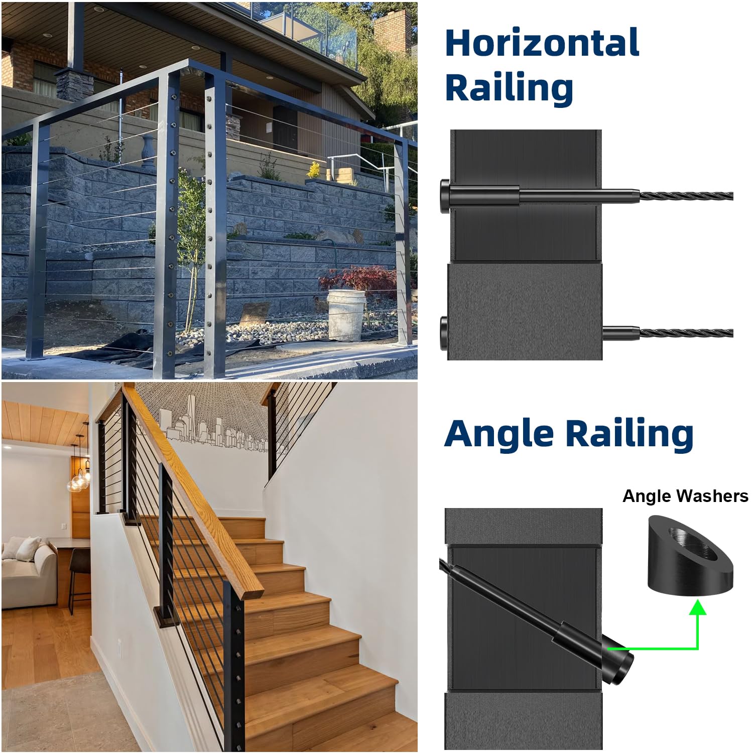 14 Pack Black Cable Railing Kit Invisible Receiver&Threaded Stud End for 1/8" Cable Railing System, T316 Marine Grade Swage Tensioner Hardware for 2x2 Wood Metal Post, with Custom Hex Wrench