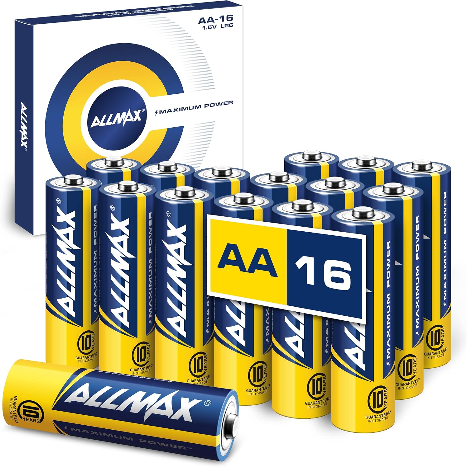 Allmax AA Maximum Power Alkaline Double A Batteries (16 Count) – Ultra Long-Lasting, 10-Year Shelf Life, Leakproof Design, 1.5V