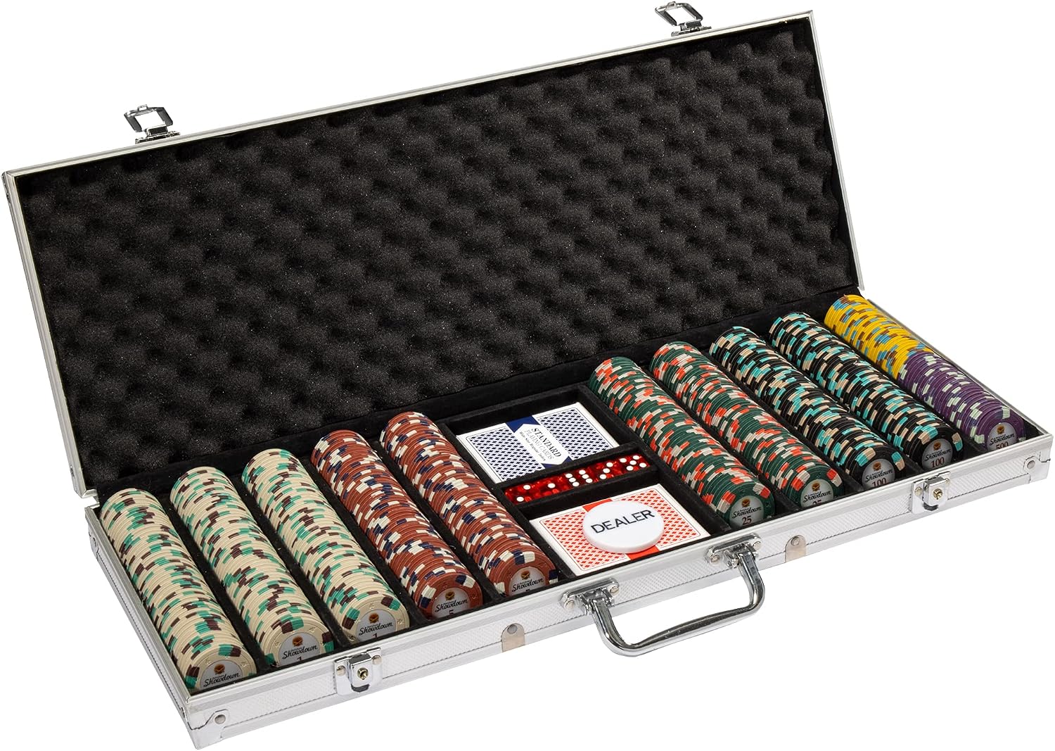 Brybelly Showdown Poker Chip Set Aluminum Carry Case - Casino Clay Composite 13-Gram Quality Poker Chips - with Dice, Playing Cards - Heavy-Duty Protection - Locking Portable Case (500 ct.)