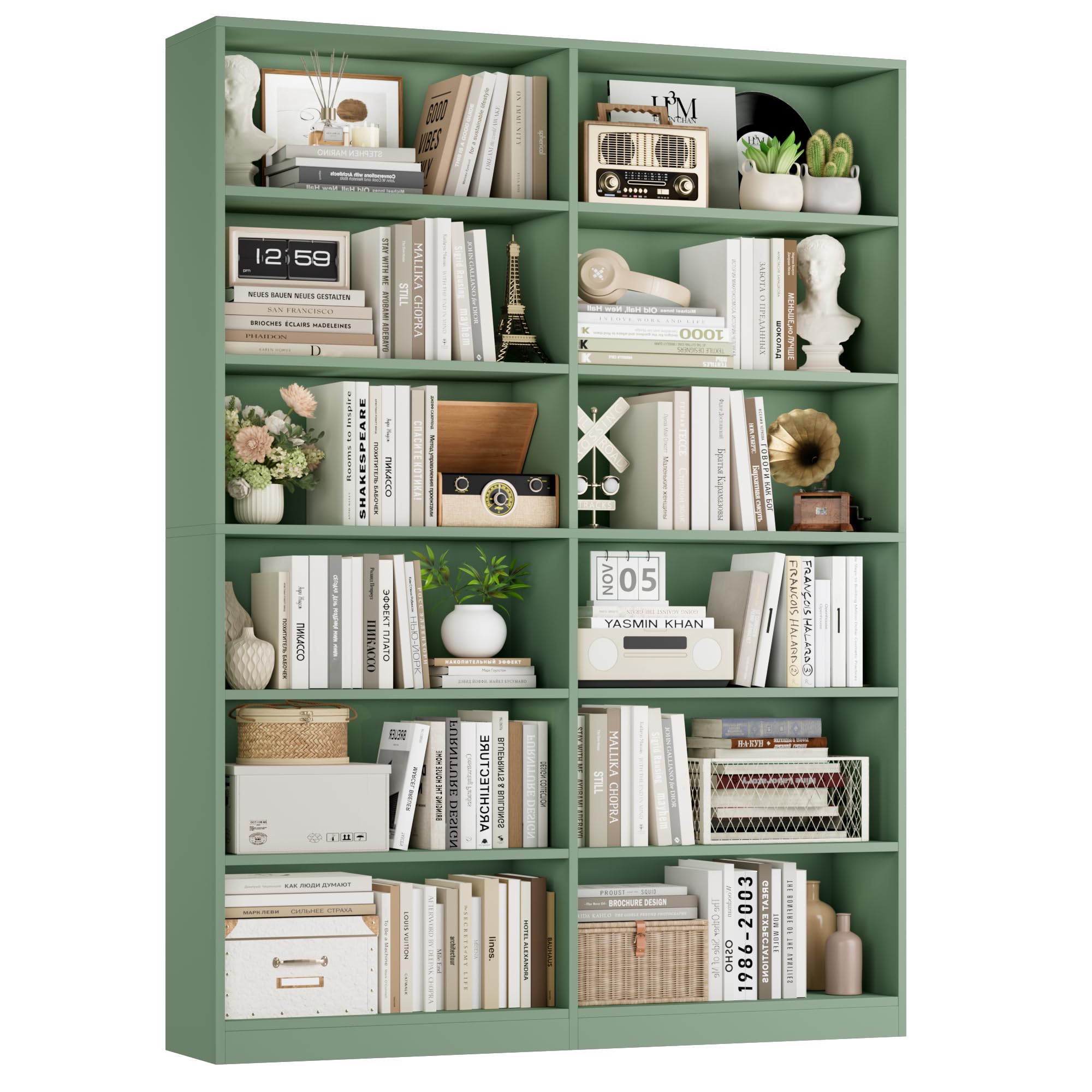 FirFurd Bookcase Green Bookshelf 188.7cm 6 Tier Living Room Bookcases Free Standing with 12 Open Compartments Display Shelf Tall Shelving Unit for Home, Office 120x30x188.7cm