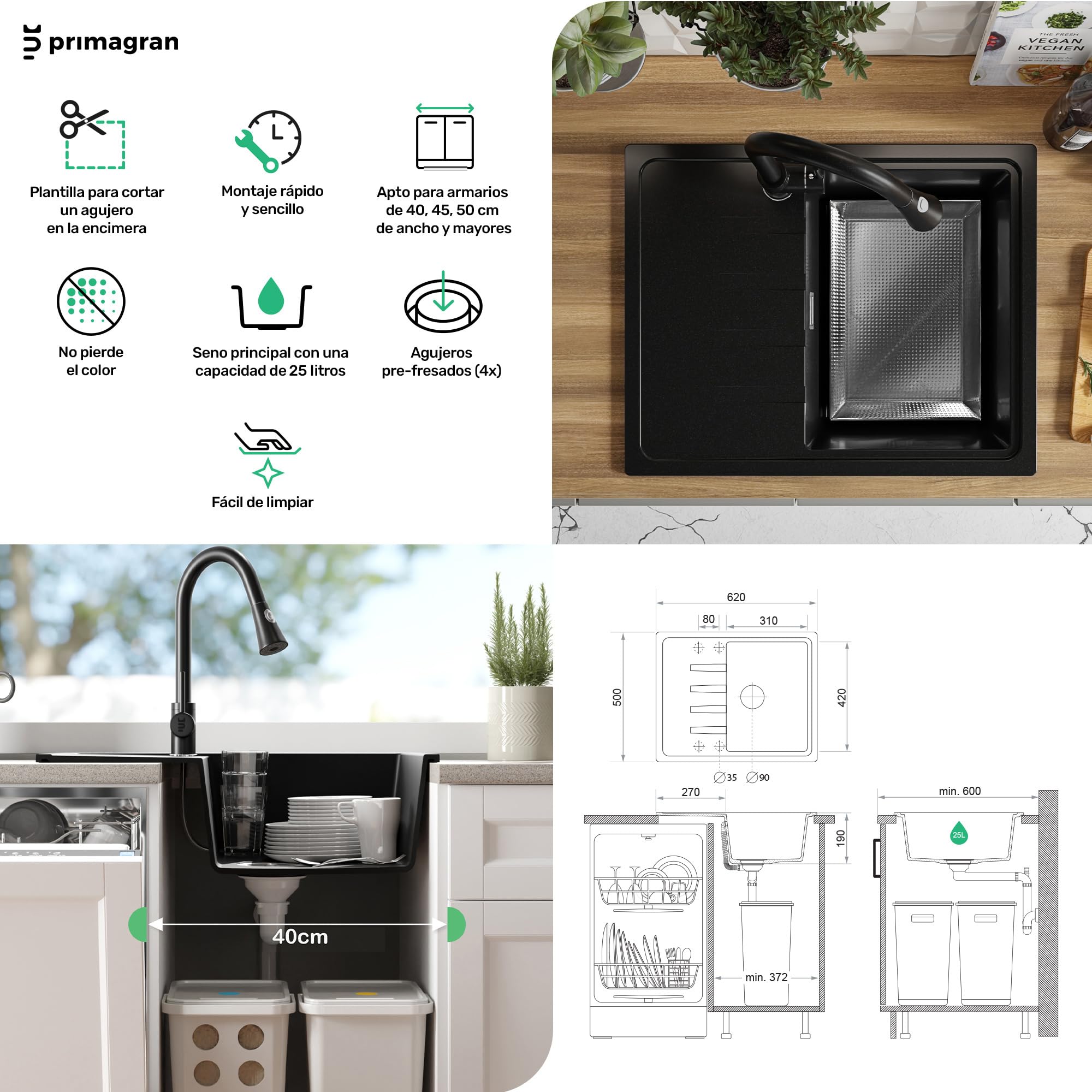 PRIMAGRAN Fregadero Granito Negro - Milano, 62x50cm | Cocina 1 Seno + Grifo 32x20cm + Set de accesorios, sobre Encimera al Mueble 40cm (S009)