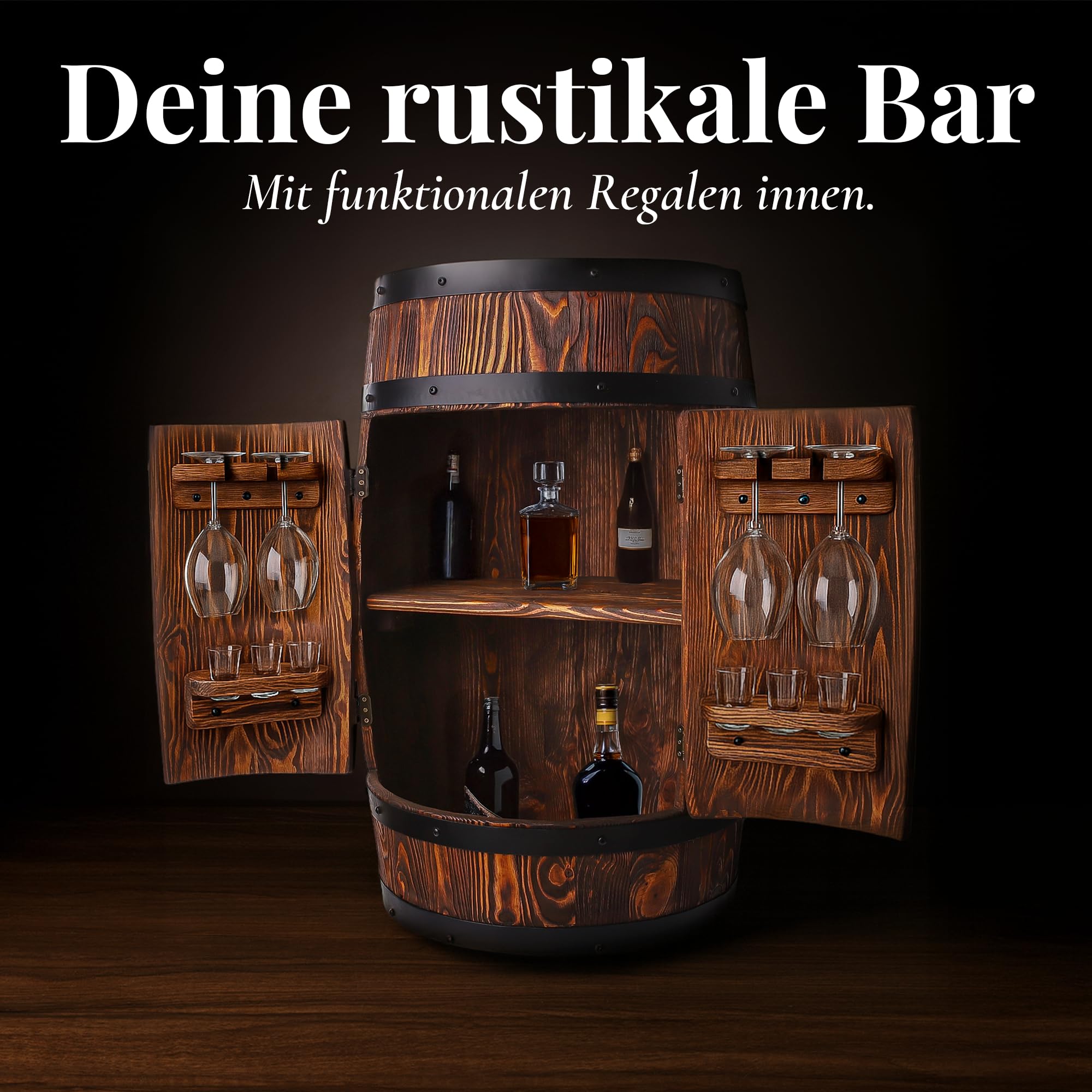Holzbar Fass 80x55 cm | Massivholz Barschrank für Whisky, Wein und Spirituosen | Hausbar mit Glashaltern | Handgefertigt in Europa | Bar Möbel im Vintage, Loft und Landhausstil