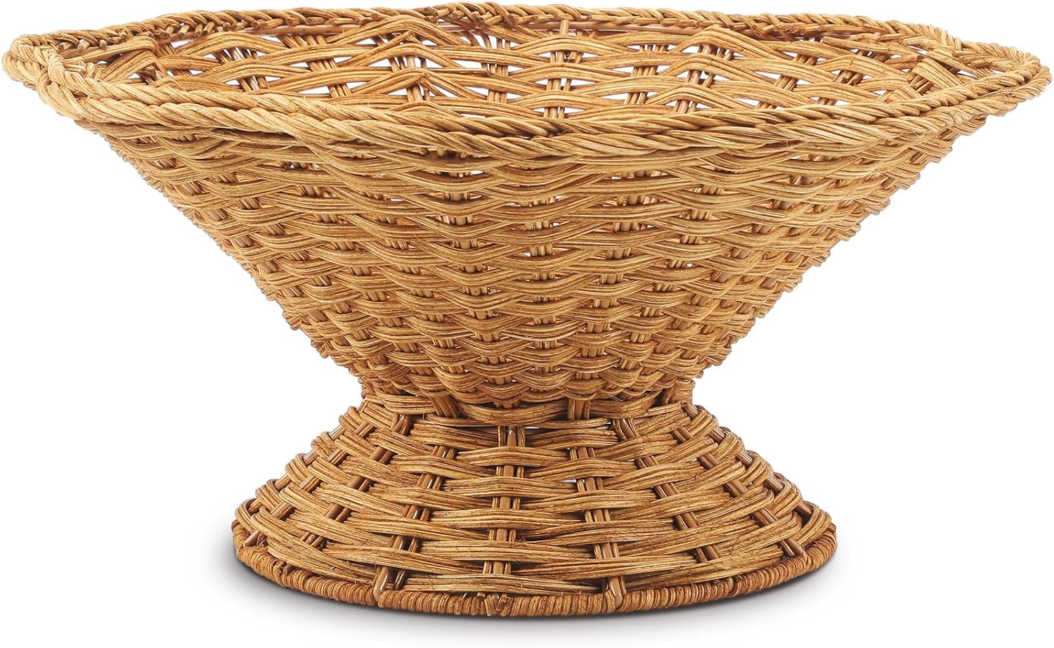 LemonRoad Rattan Fruit Bowl 12.6''x12.6''x6'' Large Round Decorative Kitchen Wicker Basket Wavy Rim Storage Bowl with Pedestal Base for Fruit Bread Storage Organization, Dining Table Centerpiece