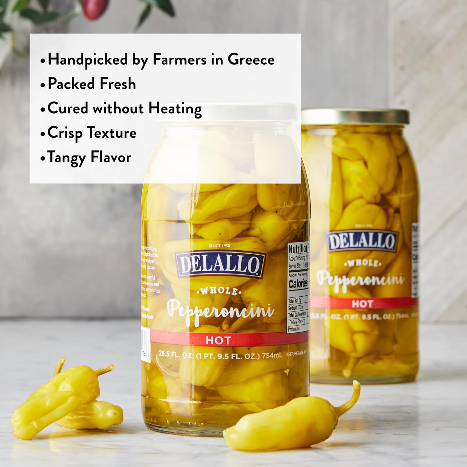 DeLallo Hot Greek Pepperoncini Whole Peppers, 25.5 oz Jar, Spicy Zesty Flavor, Pickled Vegetables for Sandwiches and Snacking, Non-GMO, Kosher (6 Pack)