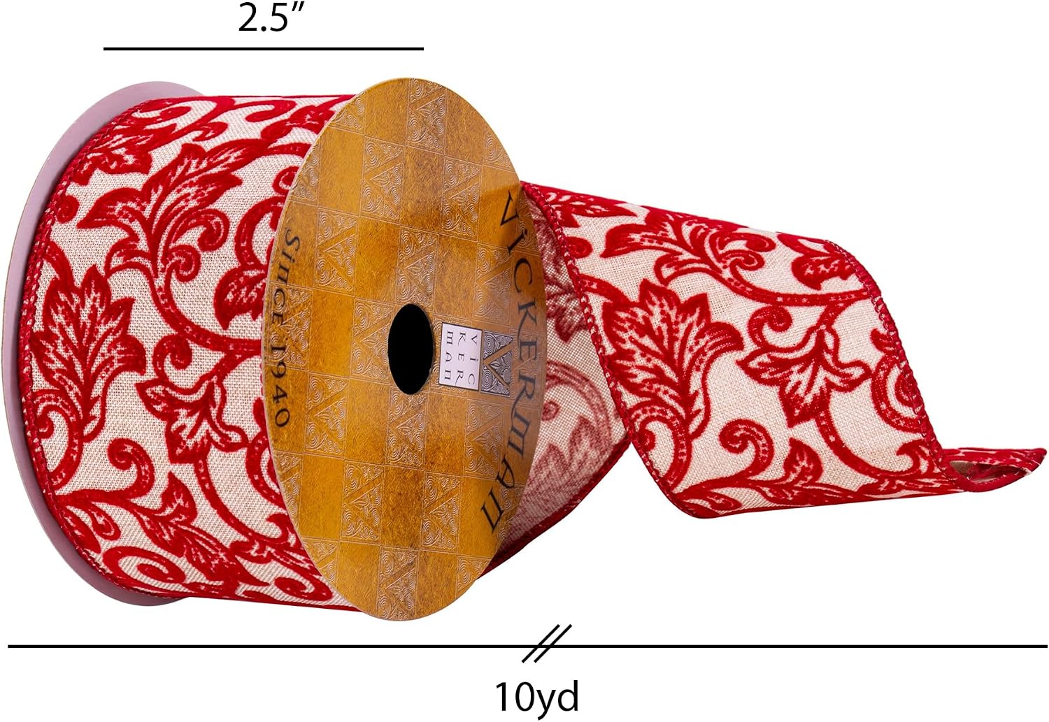 Vickerman 2.5" x 10 yd Cream and Red Filigree Ribbon, Seasonal Christmas Ribbon for Gift Wrapping, Tree Decor